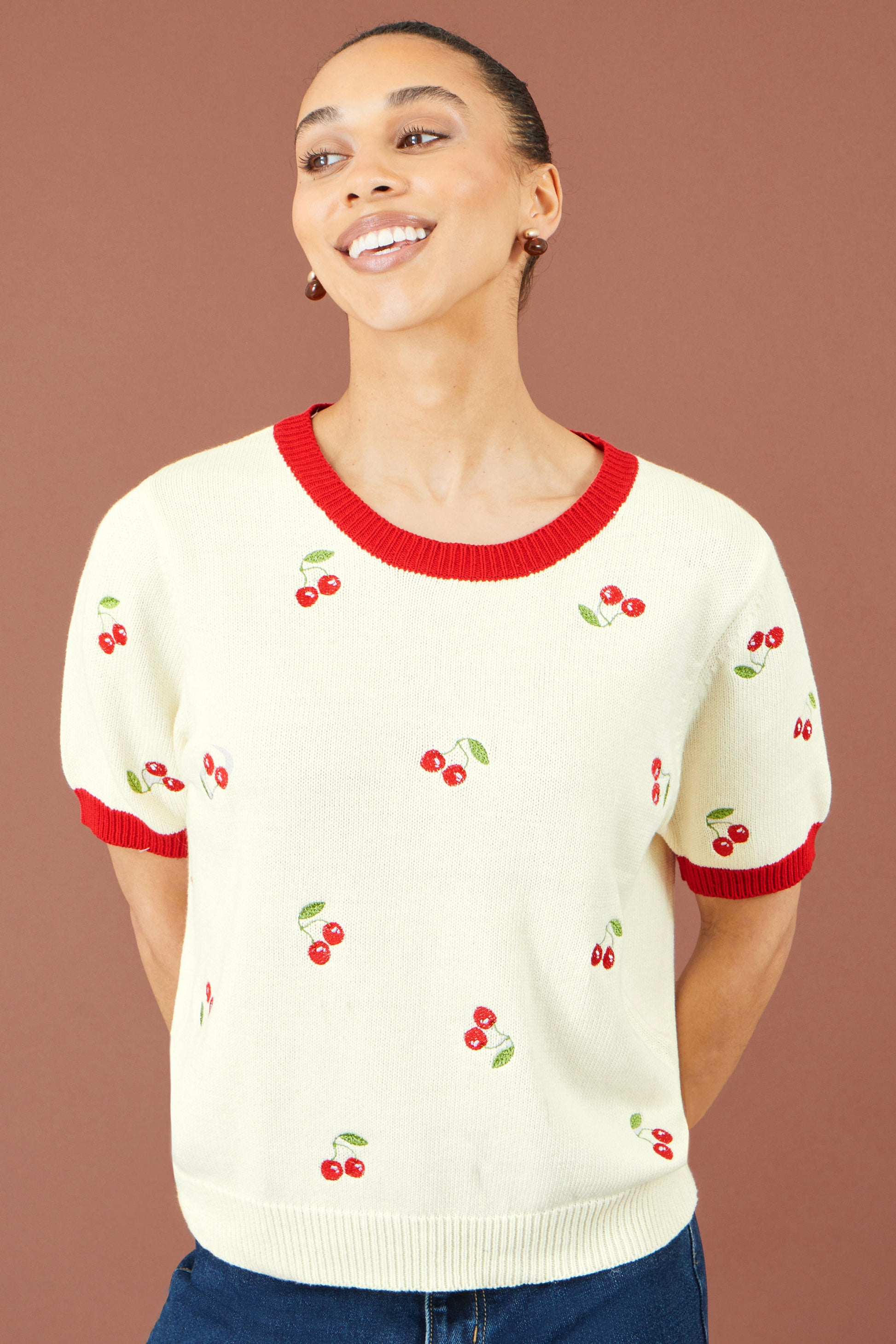 Yumi Ivory Cherry Cotton Knitted Top Knit Jumper Yumi