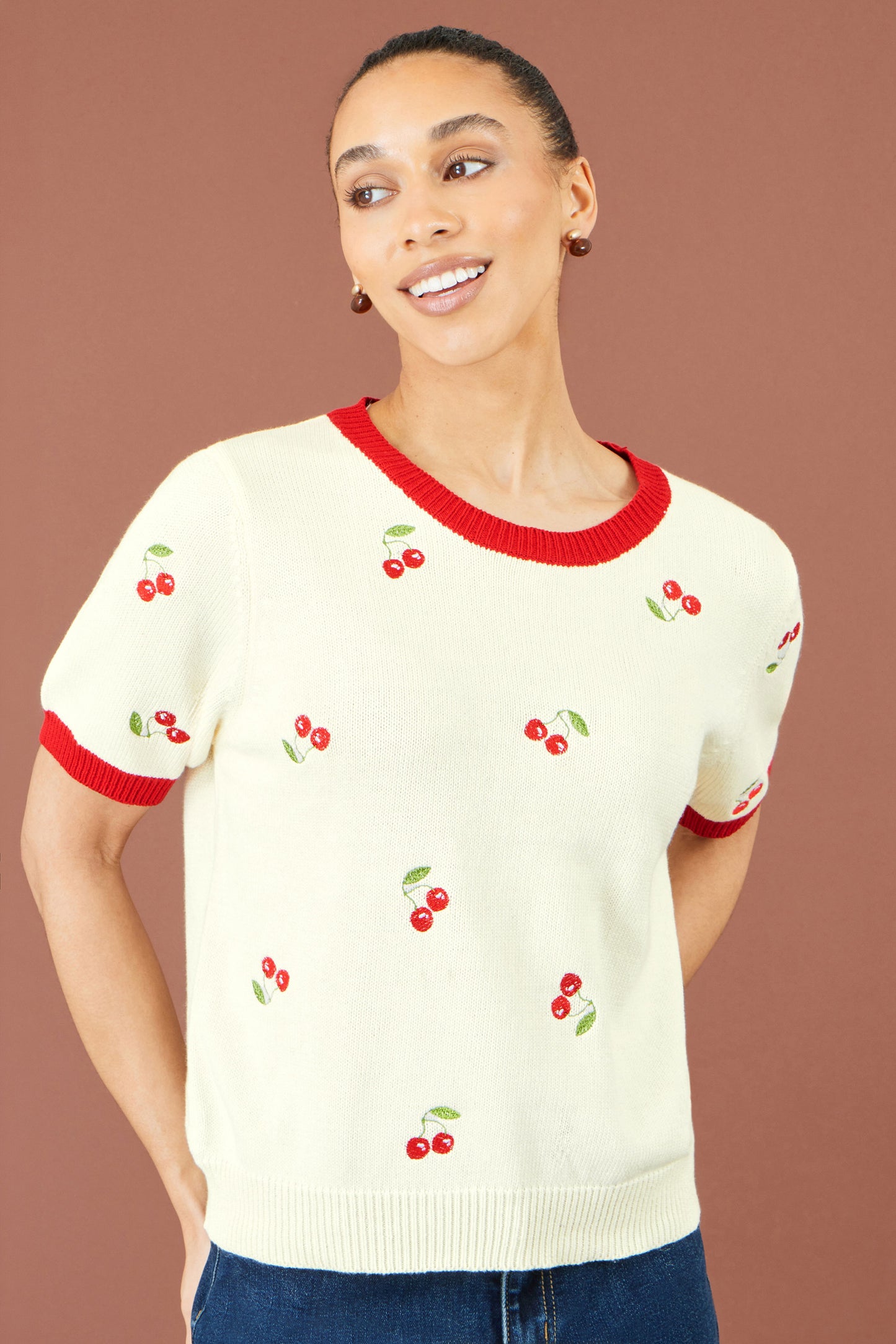 Yumi Ivory Cherry Cotton Knitted Top Knit Jumper Yumi