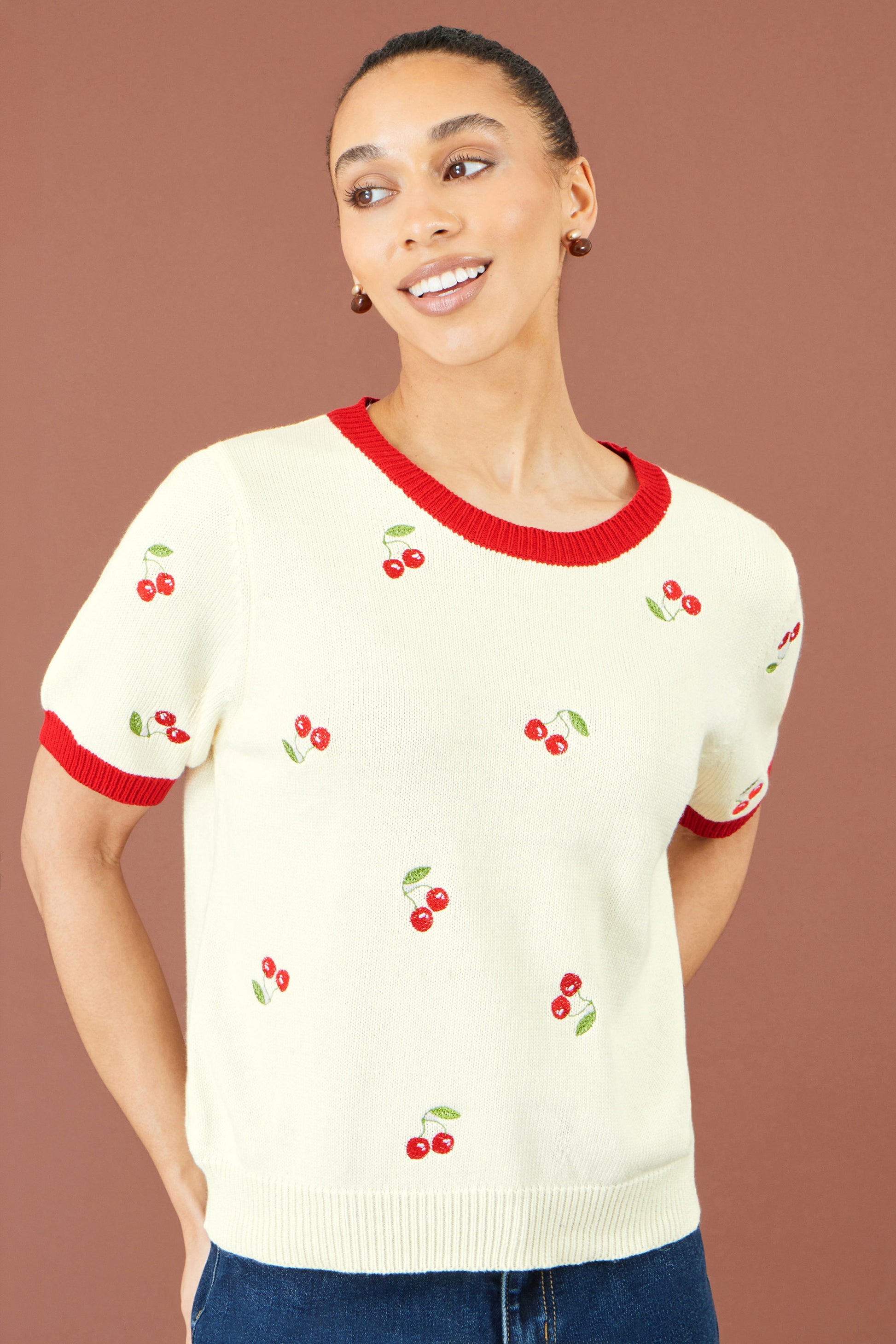 Yumi Ivory Cherry Cotton Knitted Top Knit Jumper Yumi