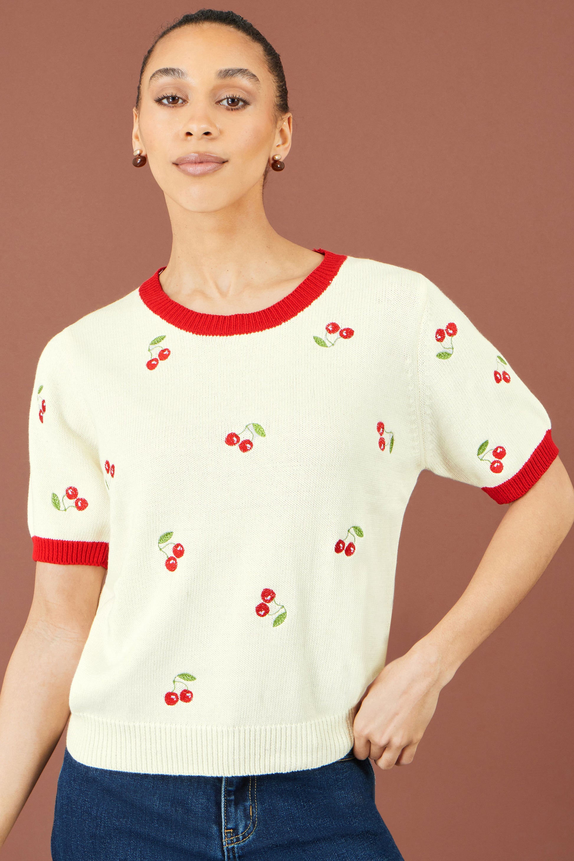 Yumi Ivory Cherry Cotton Knitted Top Knit Jumper Yumi