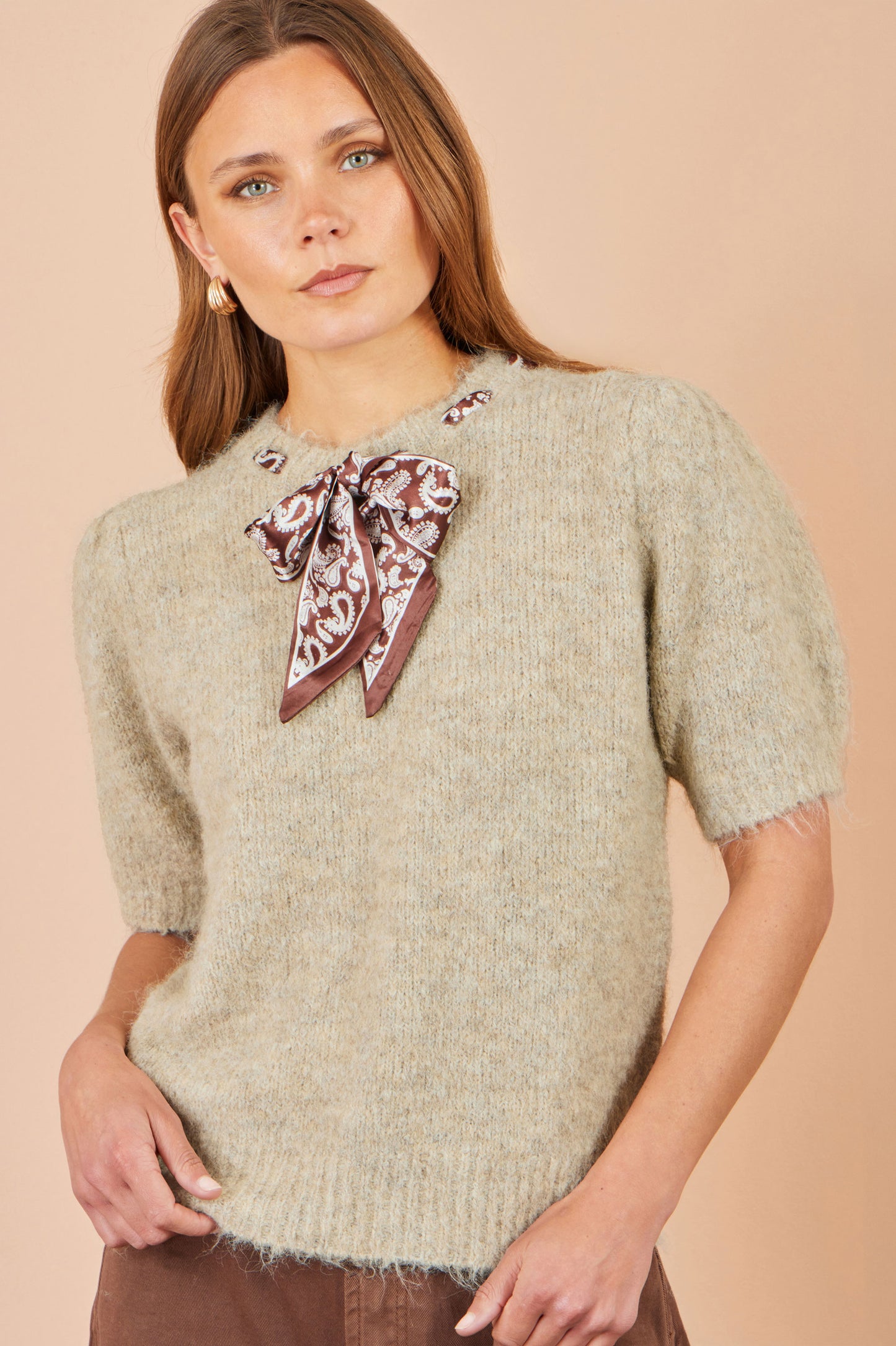 Yumi Beige Fluffy Jumper With Scarf Detail Knit Jumper Yumi