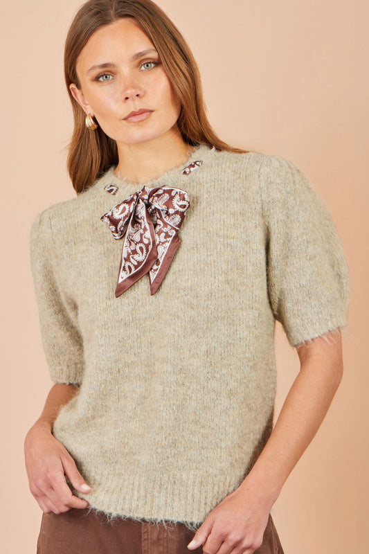 Yumi Beige Fluffy Jumper With Scarf Detail Knit Jumper Yumi