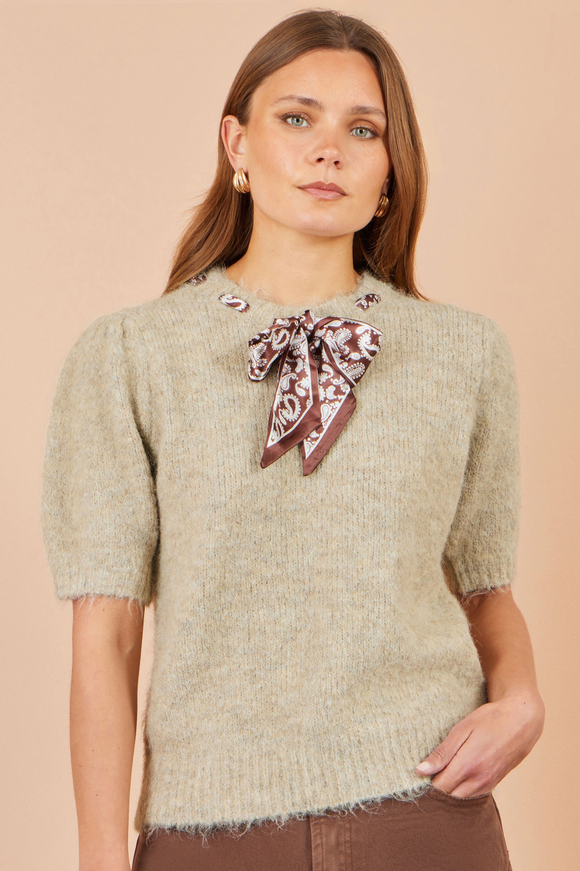 Yumi Beige Fluffy Jumper With Scarf Detail Knit Jumper Yumi