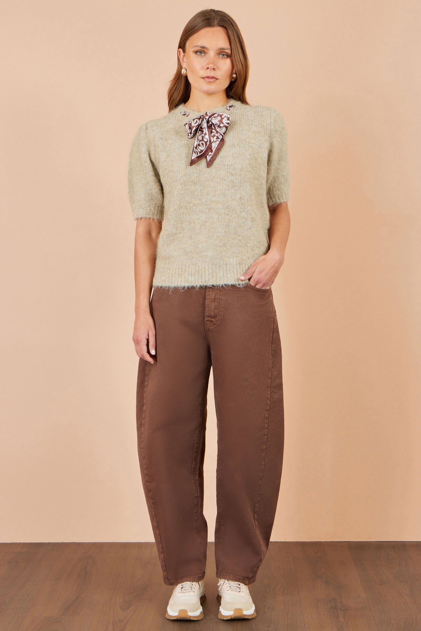Yumi Beige Fluffy Jumper With Scarf Detail Knit Jumper Yumi