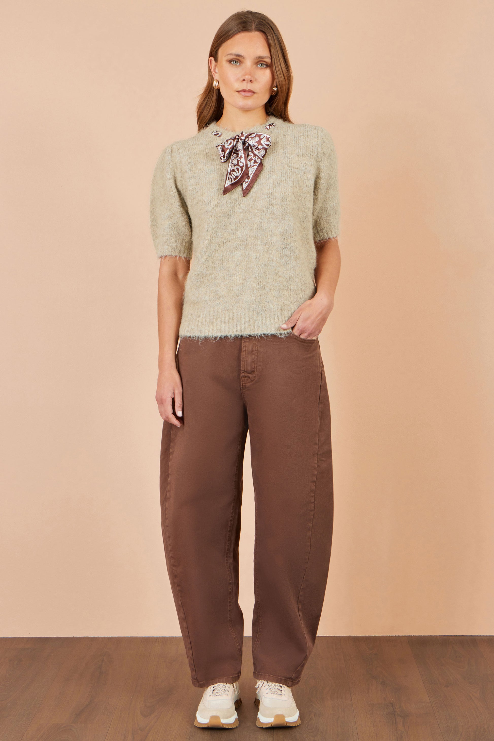 Yumi Beige Fluffy Jumper With Scarf Detail Knit Jumper Yumi
