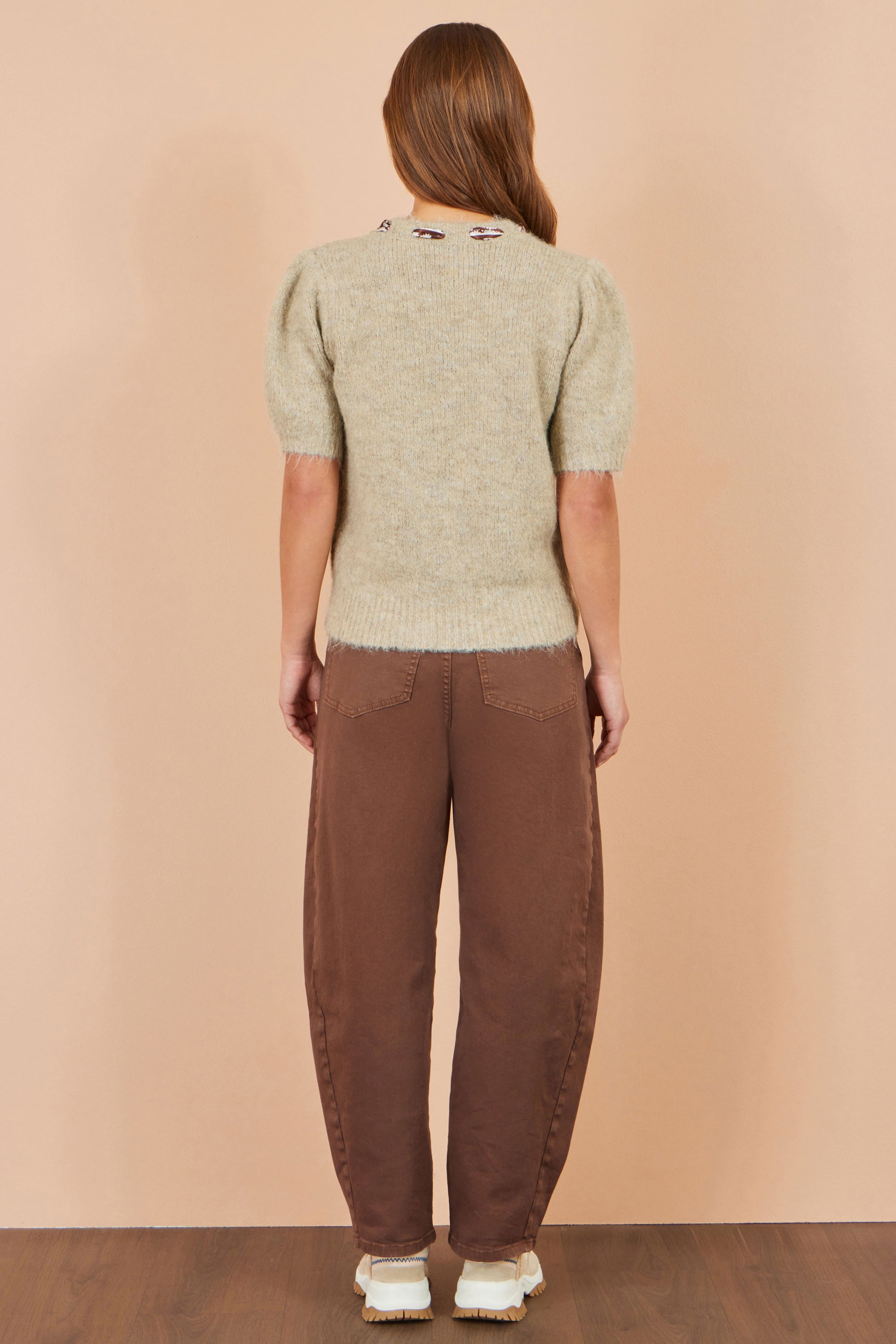 Yumi Beige Fluffy Jumper With Scarf Detail Knit Jumper Yumi