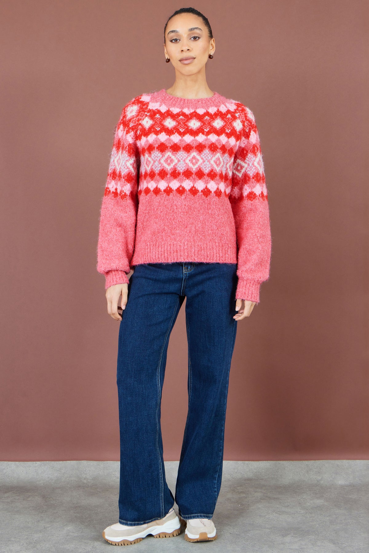 Yumi Red Fairisle Wool Blend Relaxed Jumper Knit Jumper Yumi