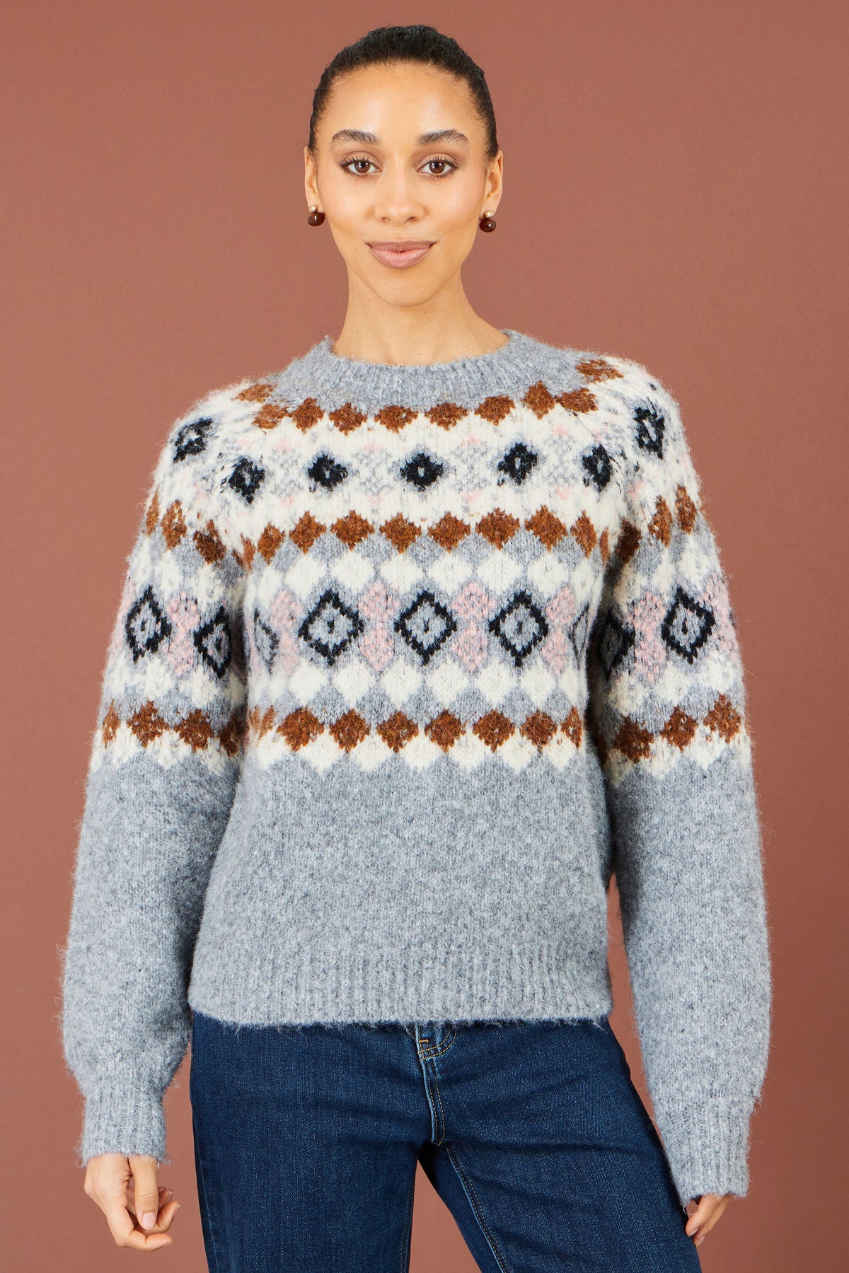 Yumi Grey Fairisle Wool Blend Relaxed Jumper Knit Jumper Yumi