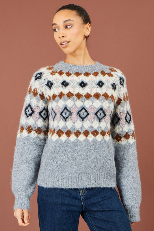 Yumi Grey Fairisle Wool Blend Relaxed Jumper Knit Jumper Yumi