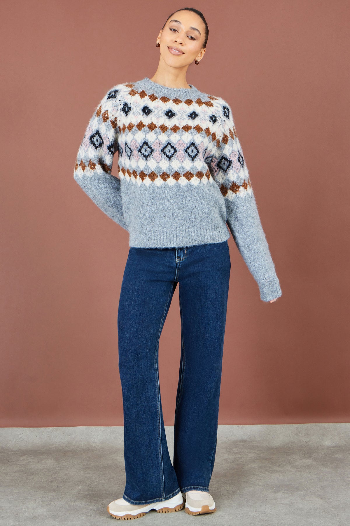 Yumi Grey Fairisle Wool Blend Relaxed Jumper Knit Jumper Yumi