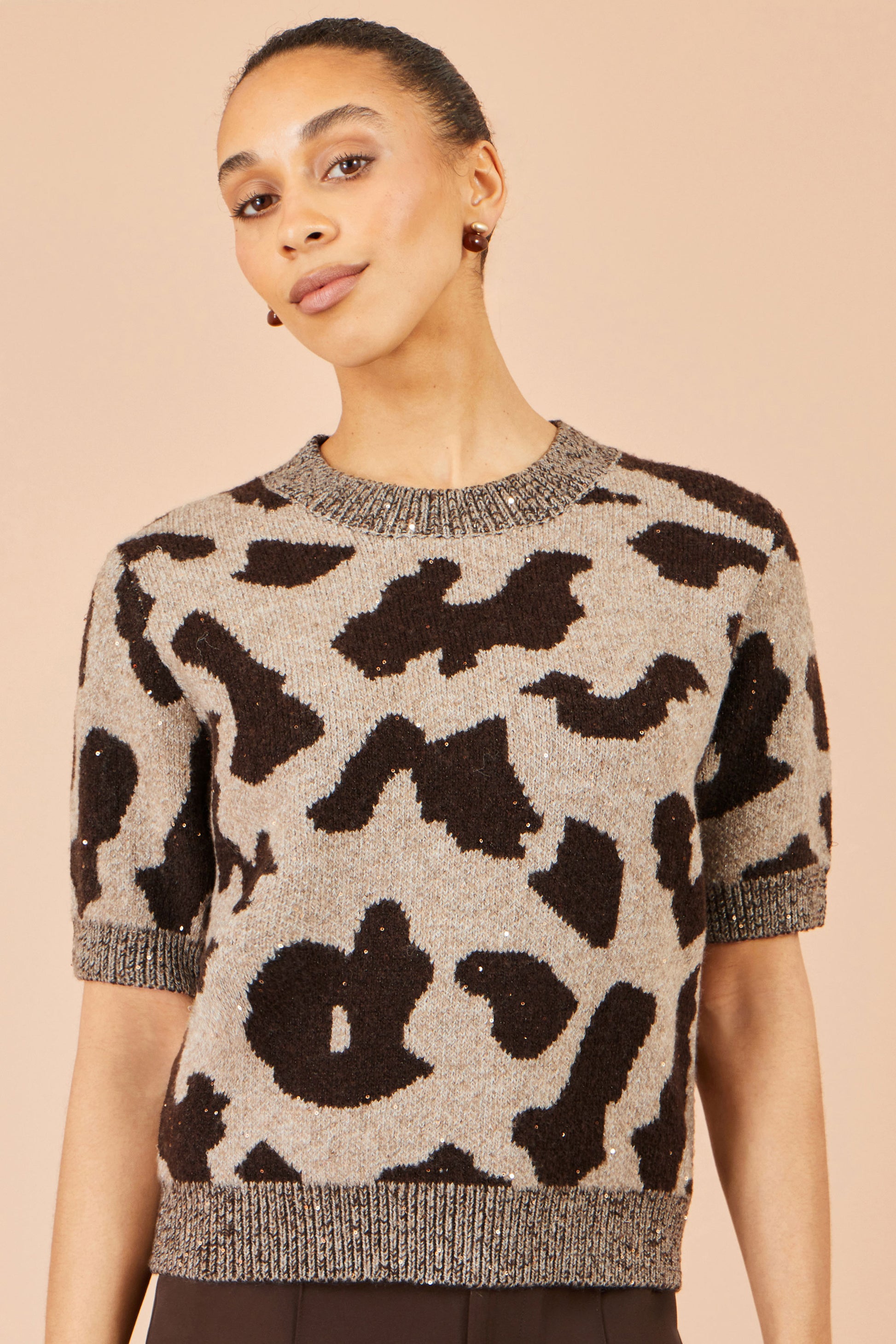 Yumi Brown Leopard Intarsia Short Sleeve Jumper Knit Jumper Yumi