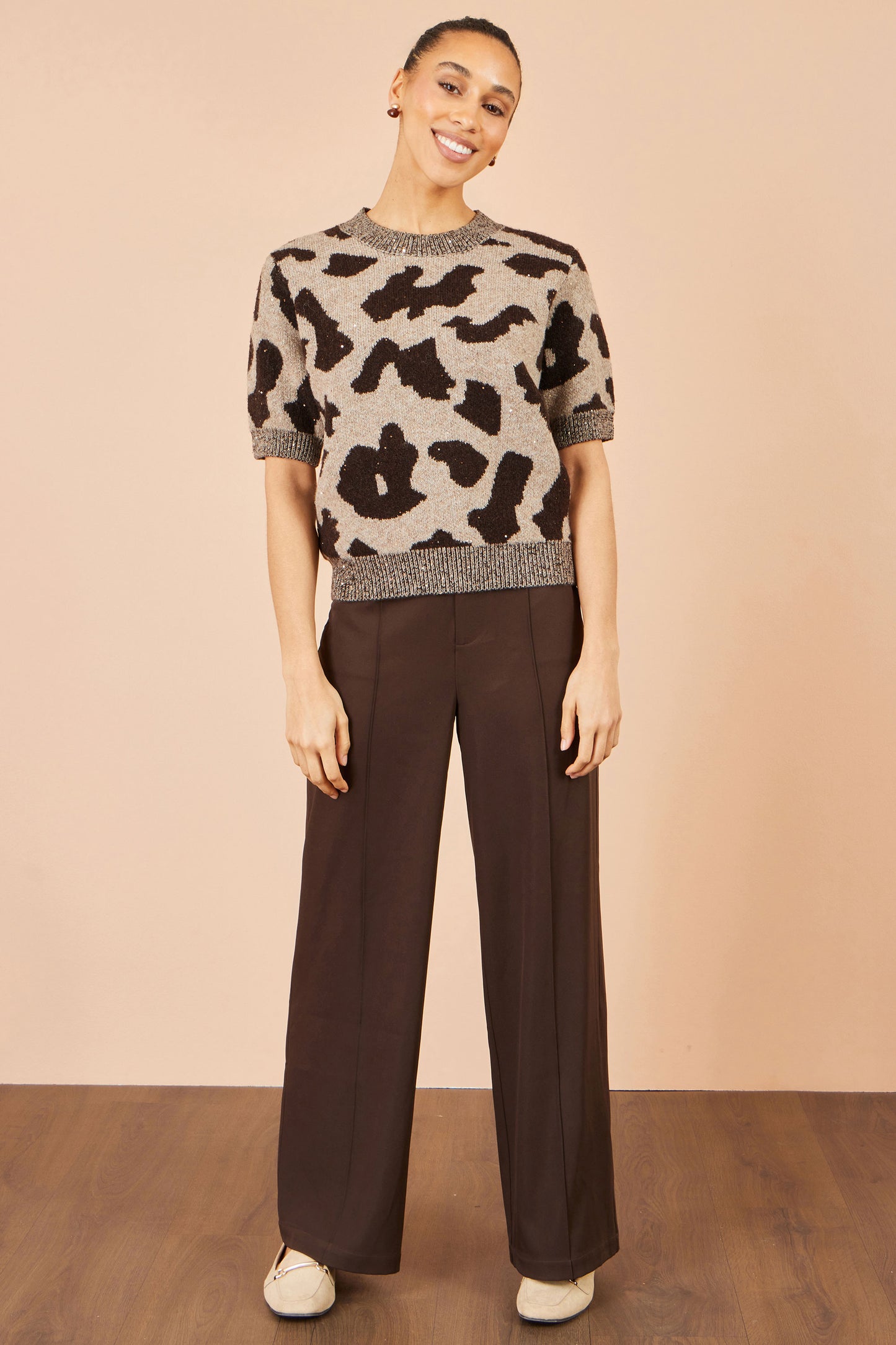 Yumi Brown Leopard Intarsia Short Sleeve Jumper Knit Jumper Yumi