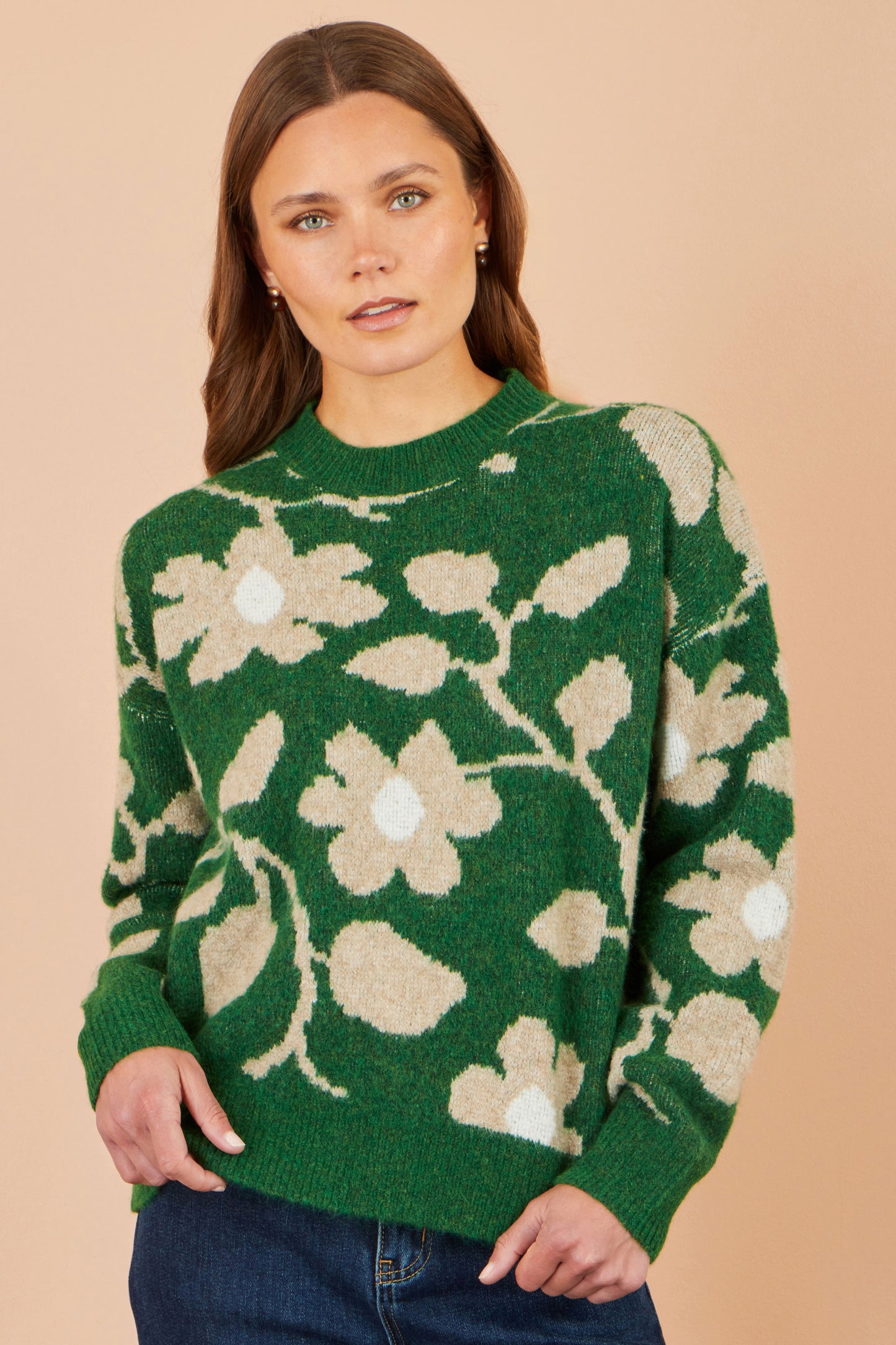 Yumi Green Floral Intarsia Relaxed Fit Jumper Knit Jumper Yumi