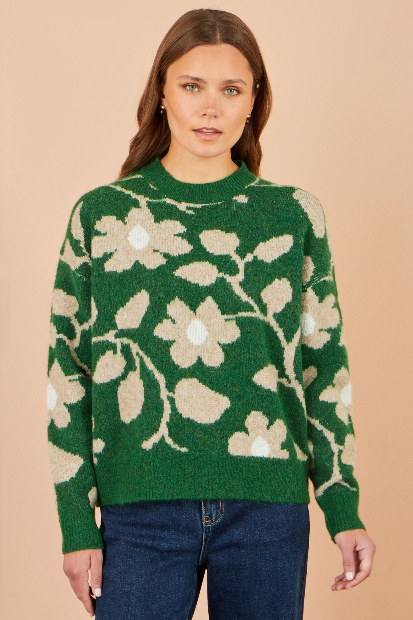 Yumi Green Floral Intarsia Relaxed Fit Jumper Knit Jumper Yumi