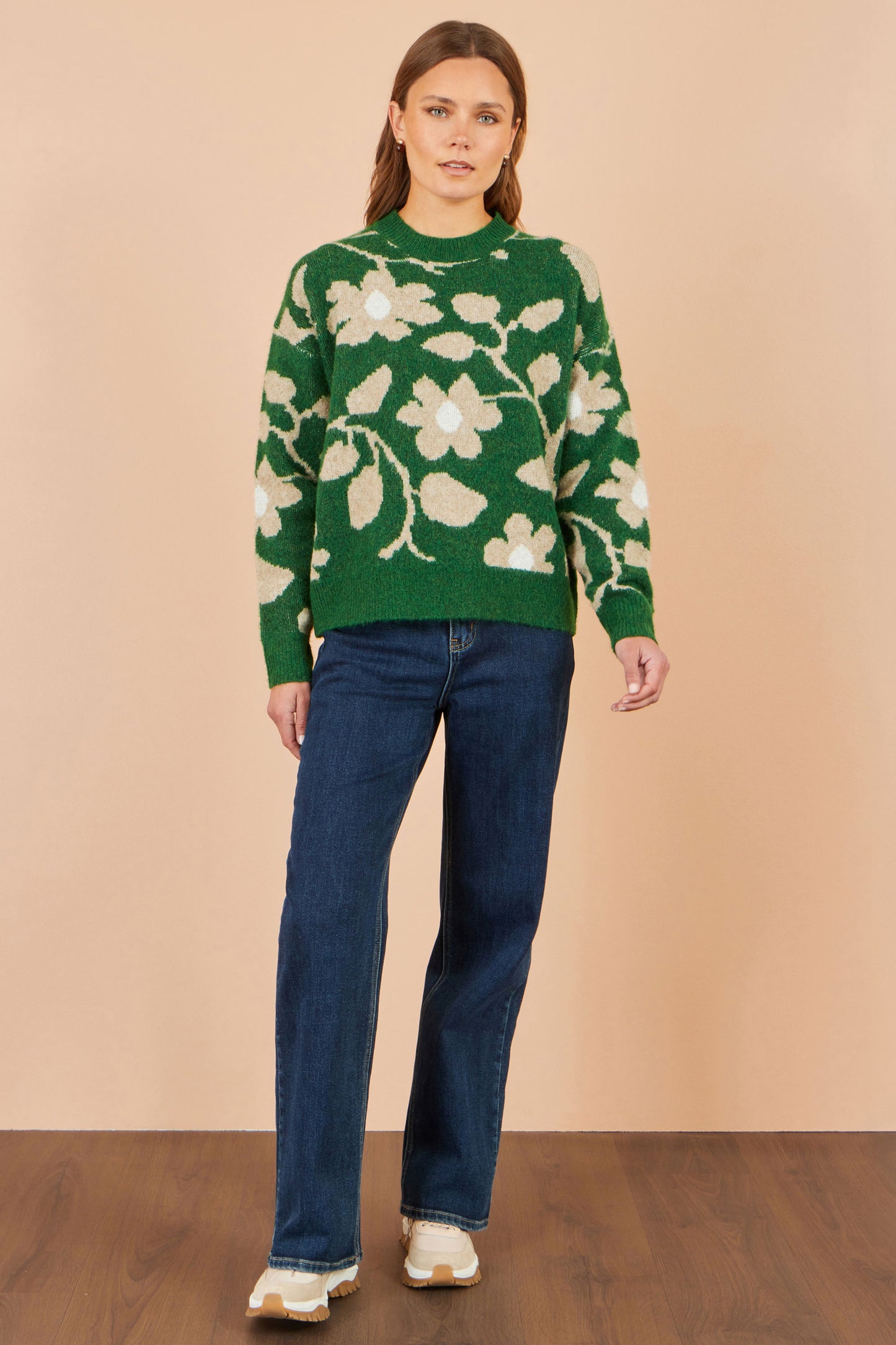 Yumi Green Floral Intarsia Relaxed Fit Jumper Knit Jumper Yumi