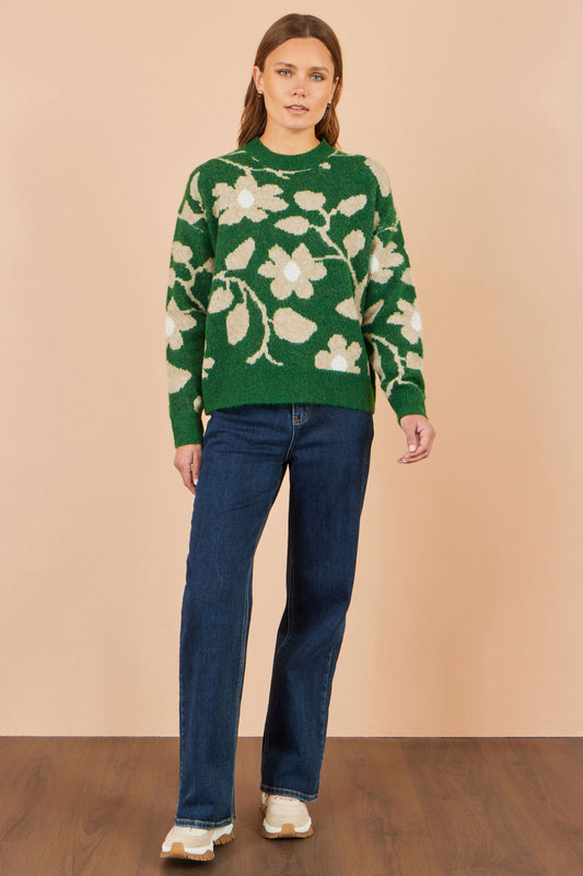 Yumi Green Floral Intarsia Relaxed Fit Jumper Knit Jumper Yumi