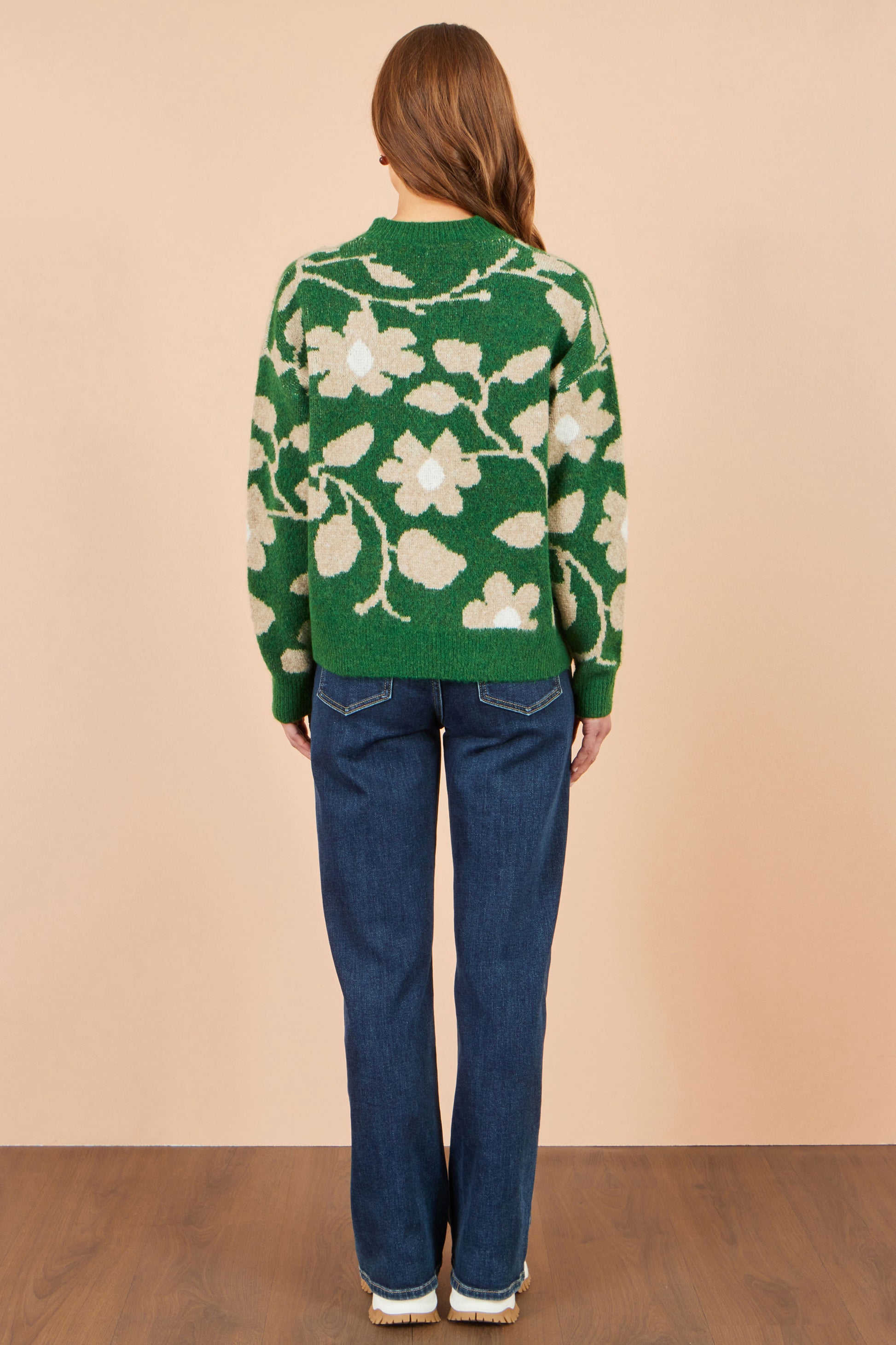 Yumi Green Floral Intarsia Relaxed Fit Jumper Knit Jumper Yumi