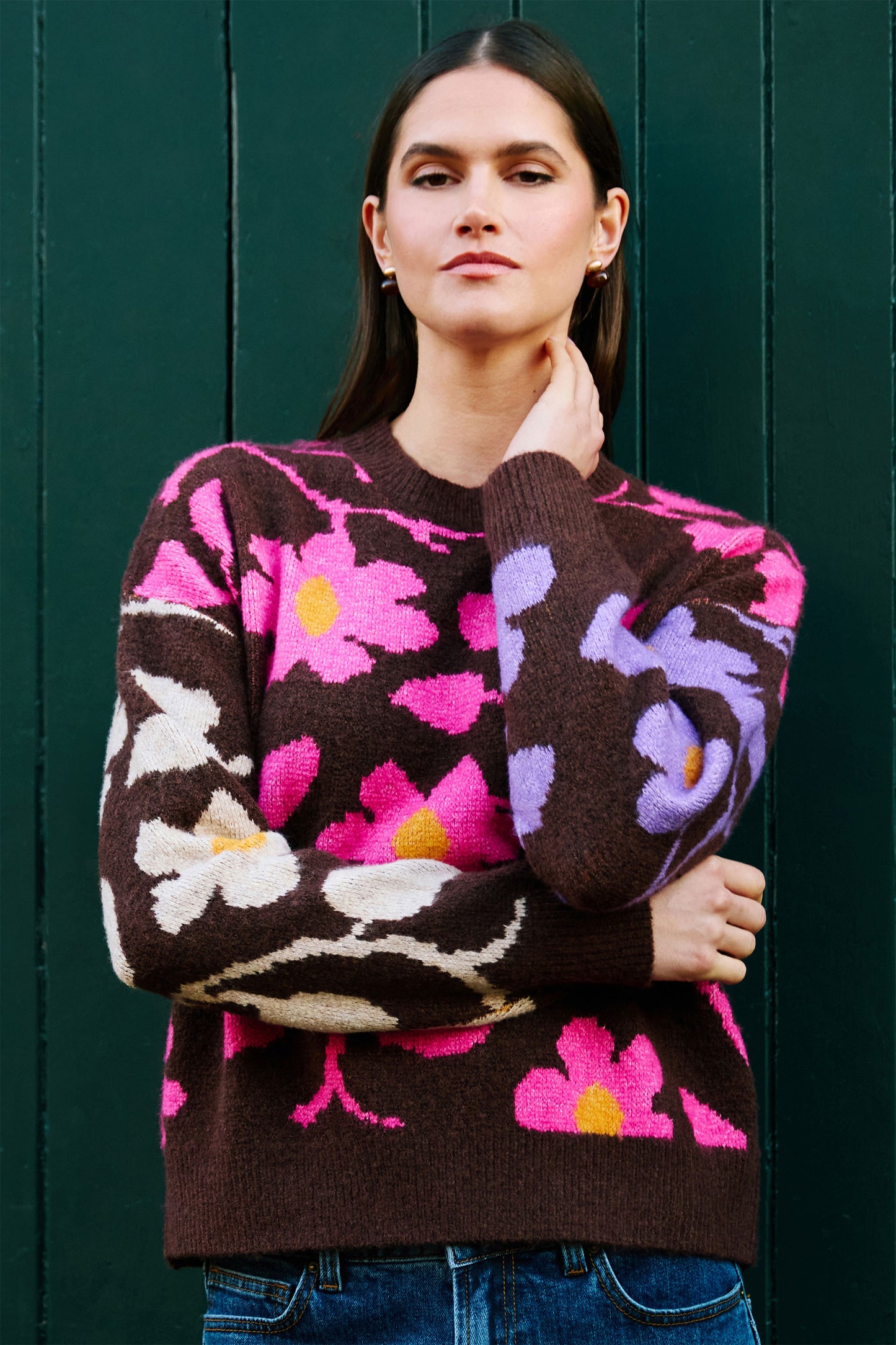 Yumi Multicolour Floral Intarsia Relaxed Fit Jumper Knit Jumper Yumi