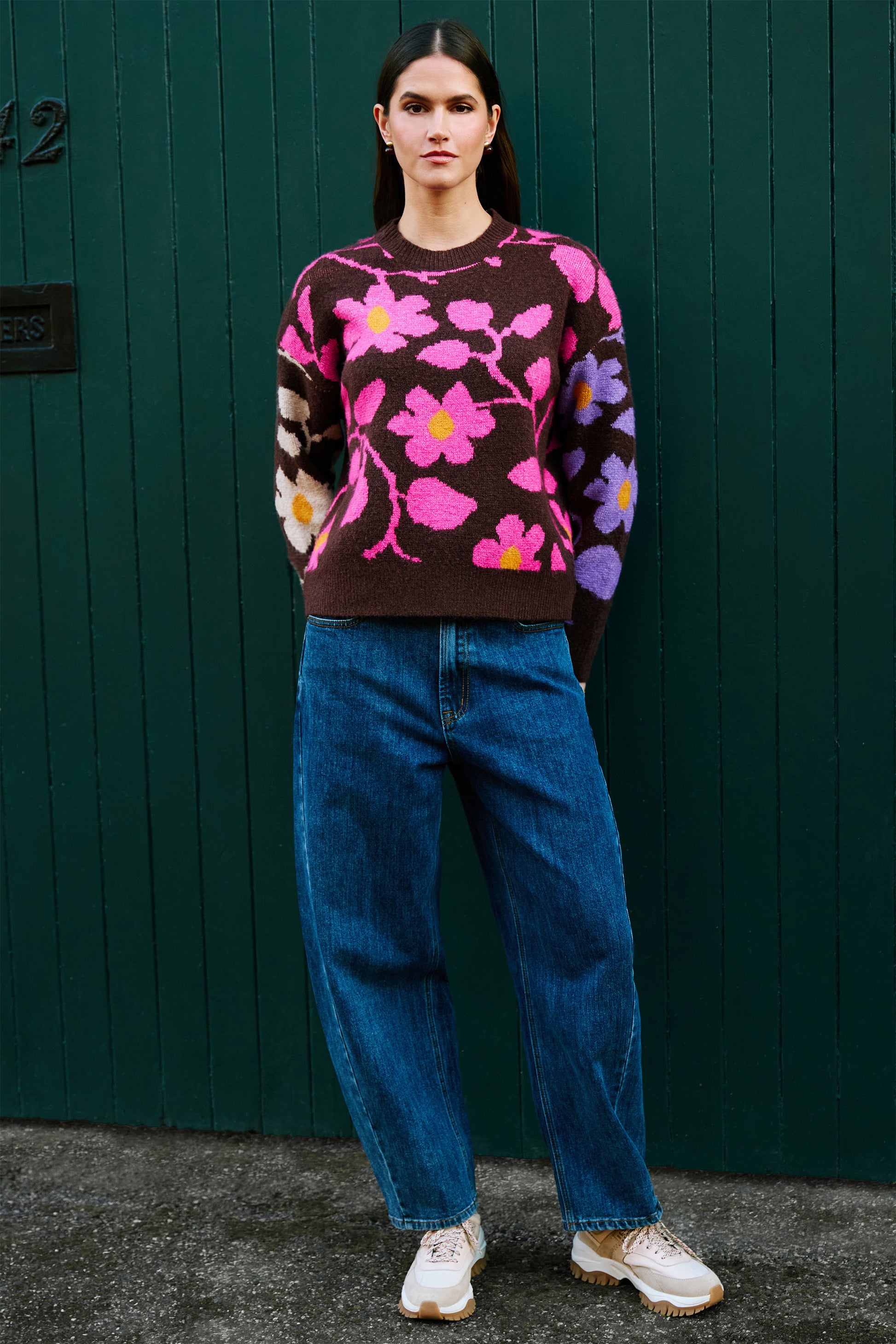 Yumi Multicolour Floral Intarsia Relaxed Fit Jumper Knit Jumper Yumi