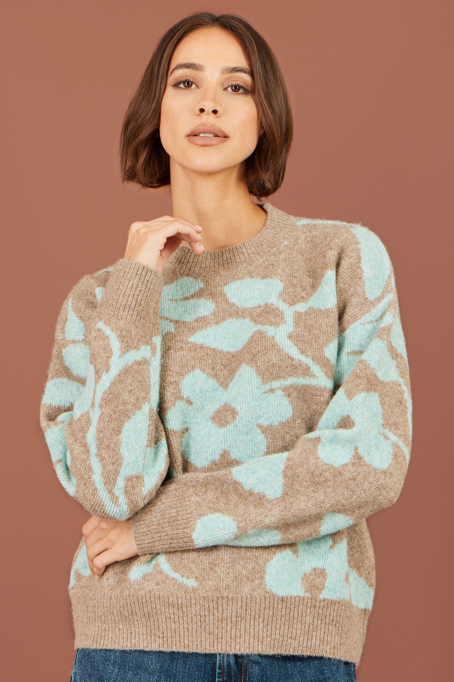 Yumi Brown Floral Intarsia Relaxed Fit Jumper Knit Jumper Yumi