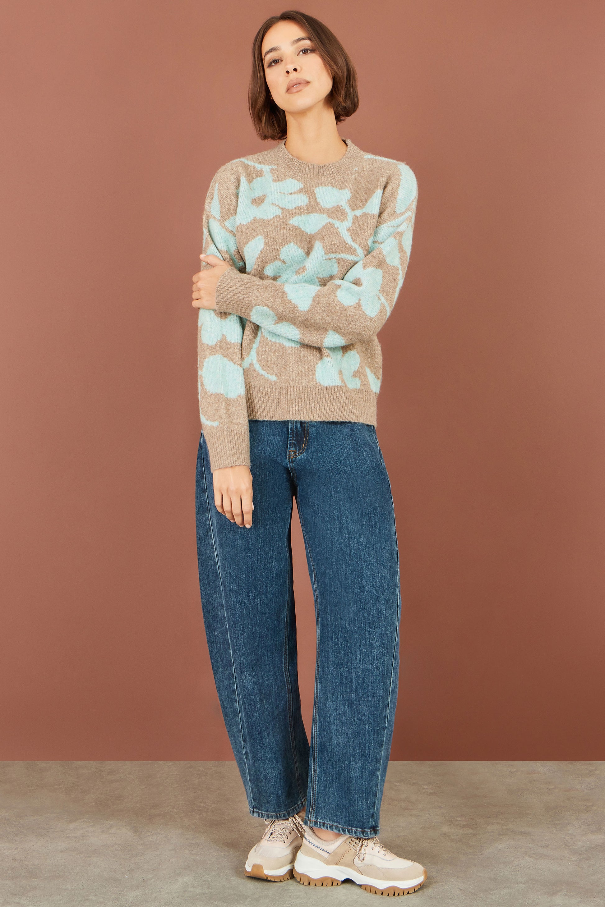 Yumi Brown Floral Intarsia Relaxed Fit Jumper Knit Jumper Yumi