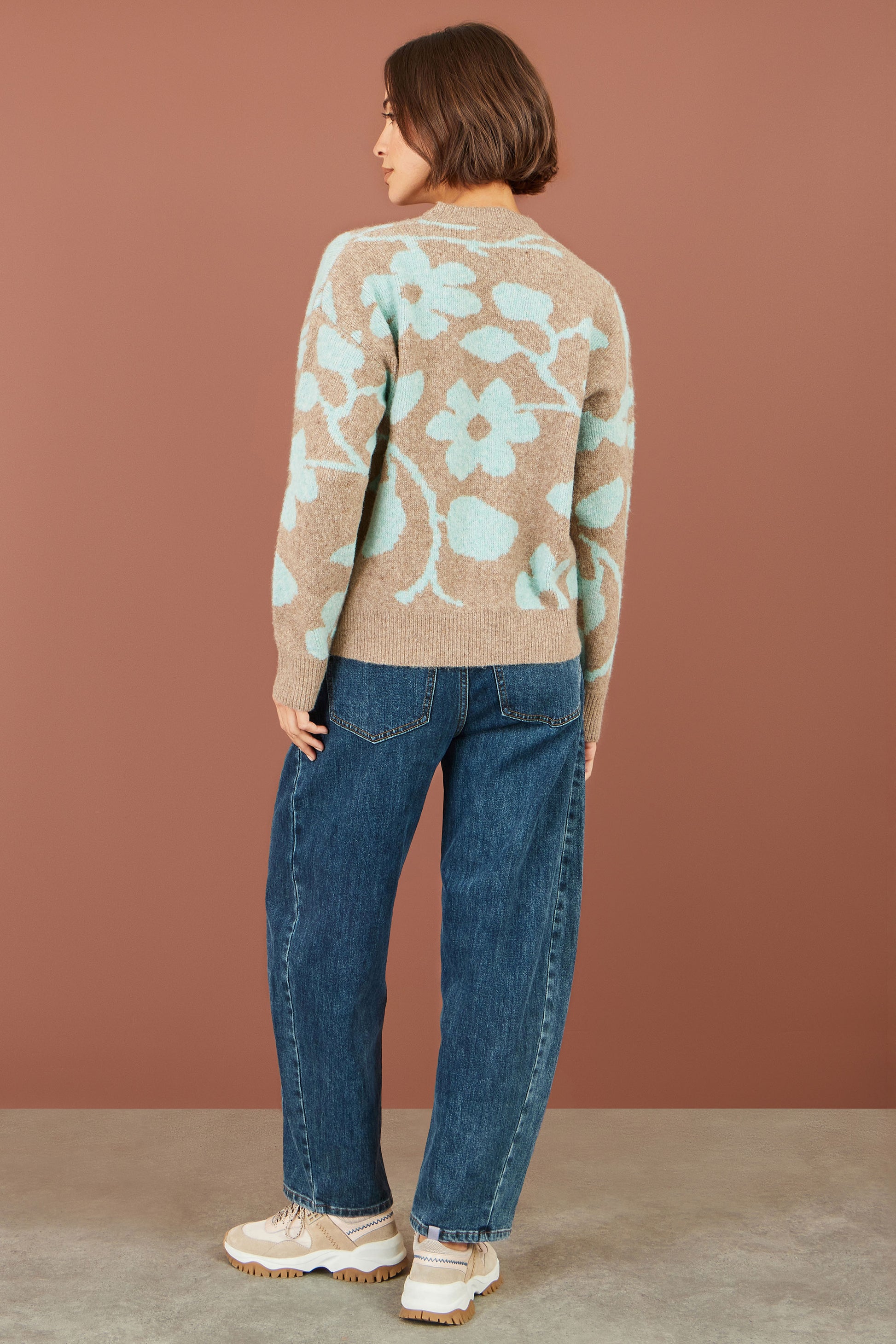 Yumi Brown Floral Intarsia Relaxed Fit Jumper Knit Jumper Yumi