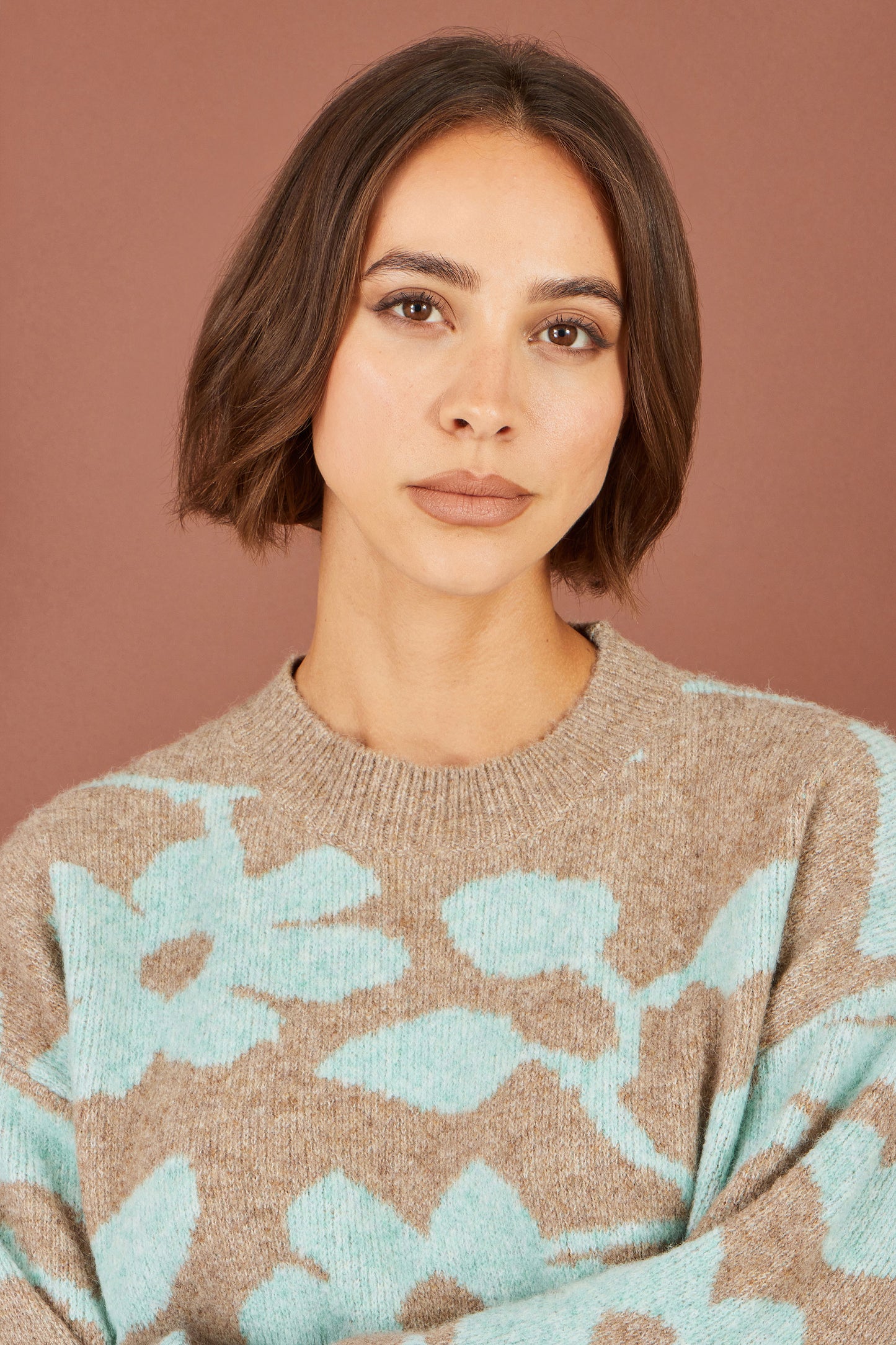 Yumi Brown Floral Intarsia Relaxed Fit Jumper Knit Jumper Yumi