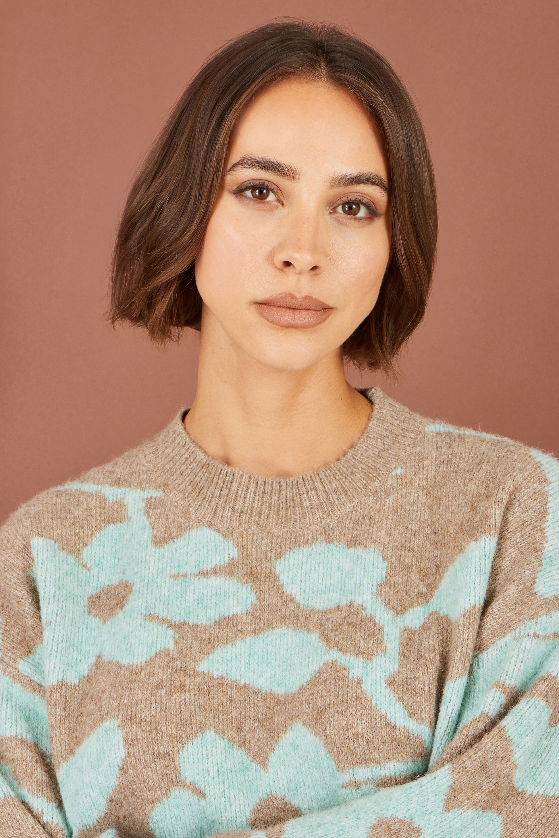 Yumi Brown Floral Intarsia Relaxed Fit Jumper Knit Jumper Yumi