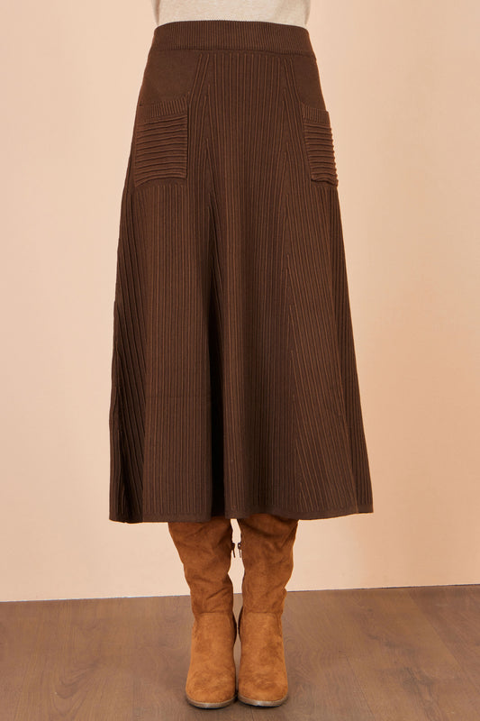 Yumi Brown Knitted Midi Skirt With Pockets Knit Skirt Yumi