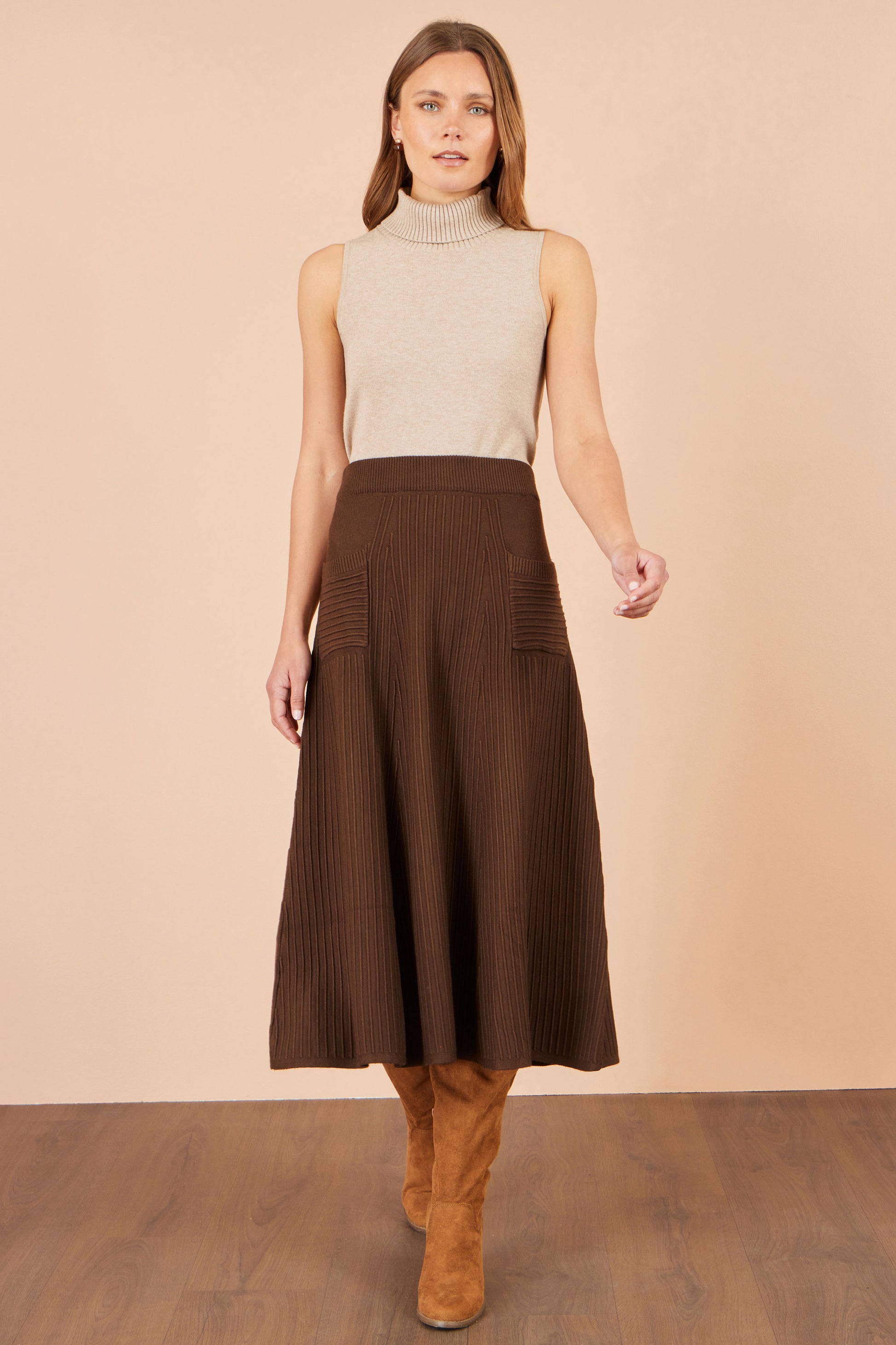Yumi Brown Knitted Midi Skirt With Pockets Knit Skirt Yumi