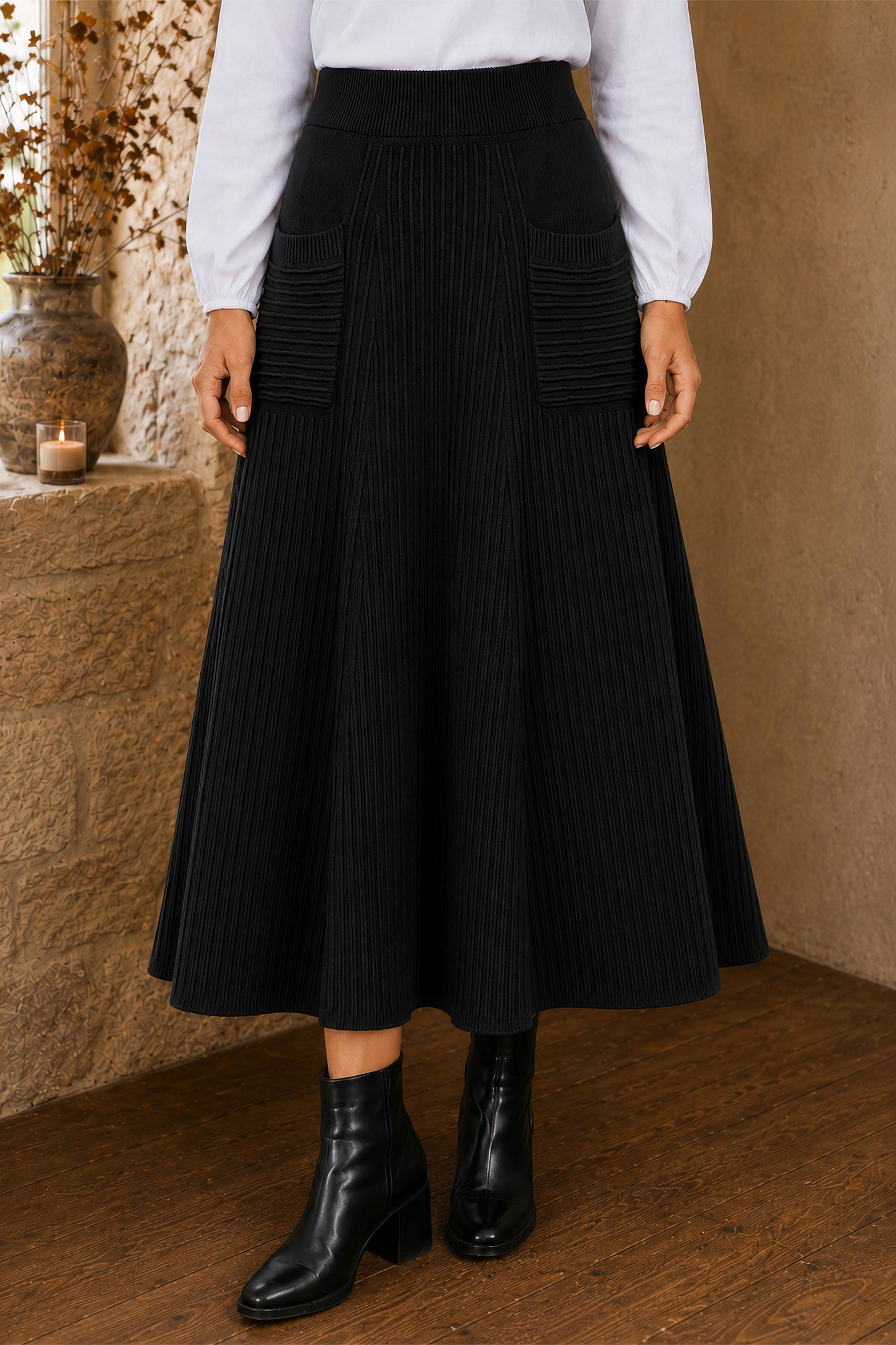 Yumi Black Knitted Midi Skirt With Pockets Knit Skirt Yumi