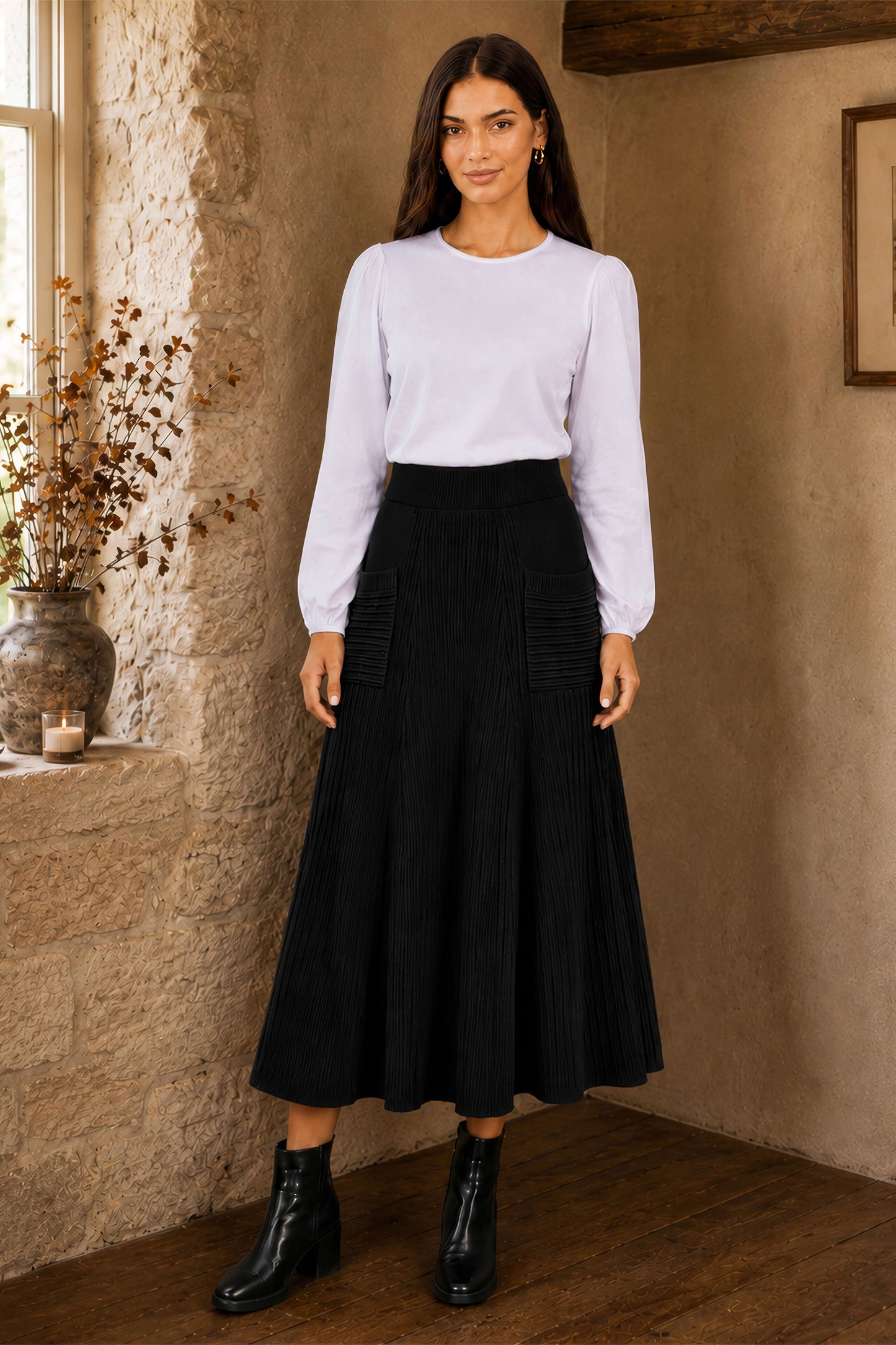 Yumi Black Knitted Midi Skirt With Pockets Knit Skirt Yumi