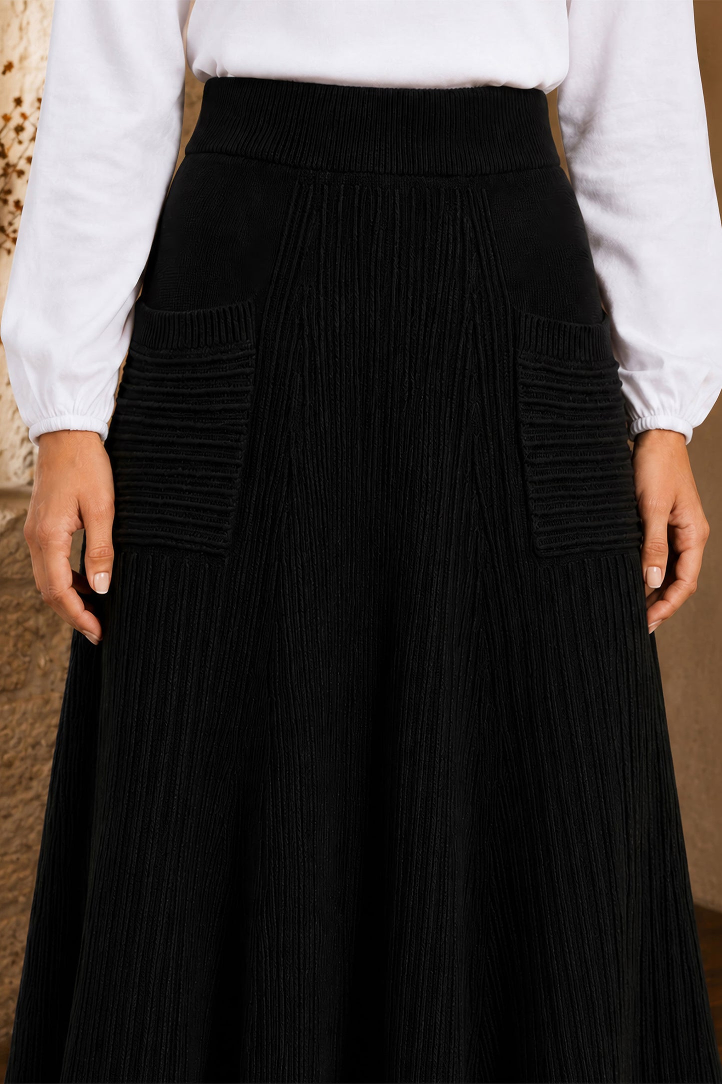 Yumi Black Knitted Midi Skirt With Pockets Knit Skirt Yumi