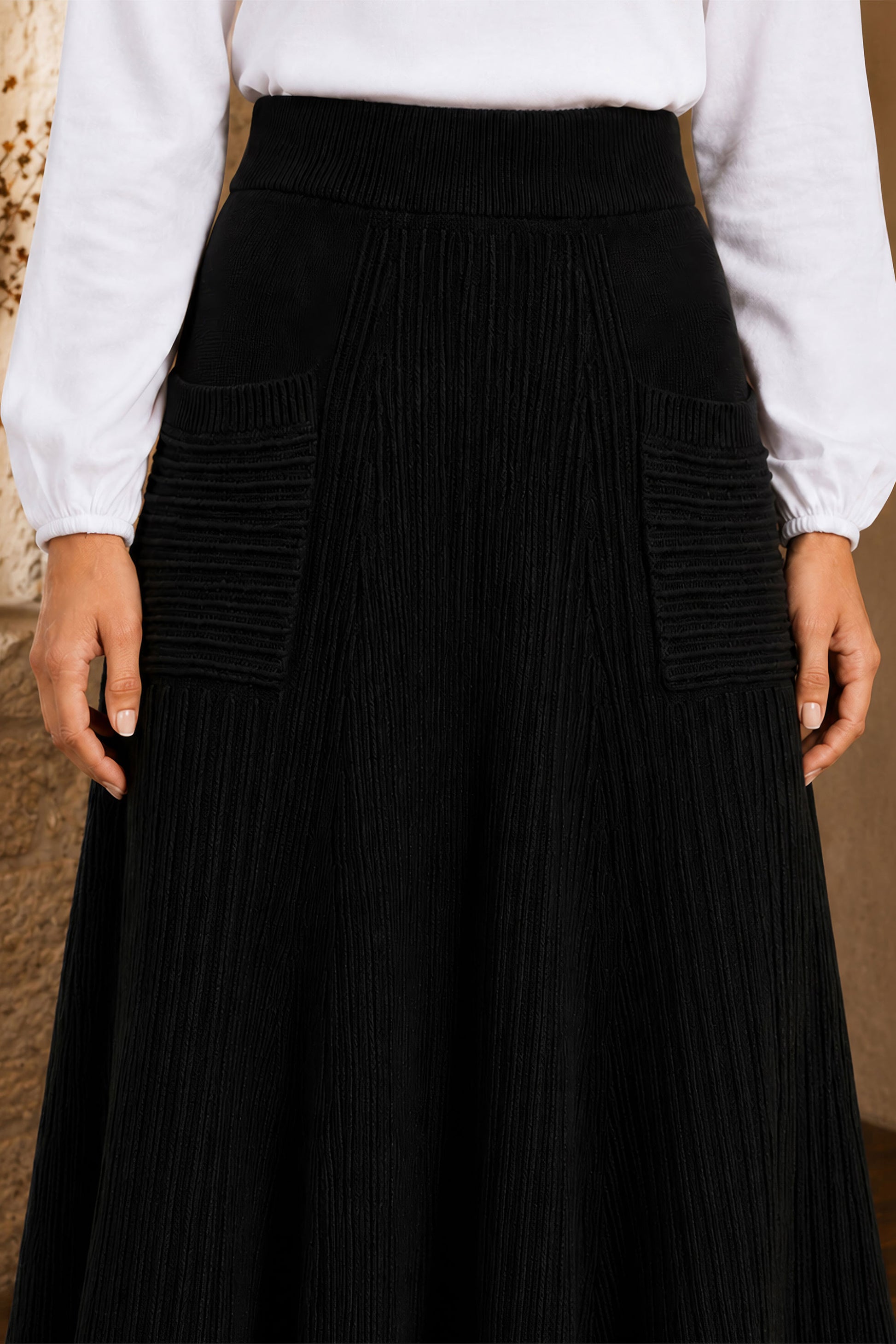 Yumi Black Knitted Midi Skirt With Pockets Knit Skirt Yumi