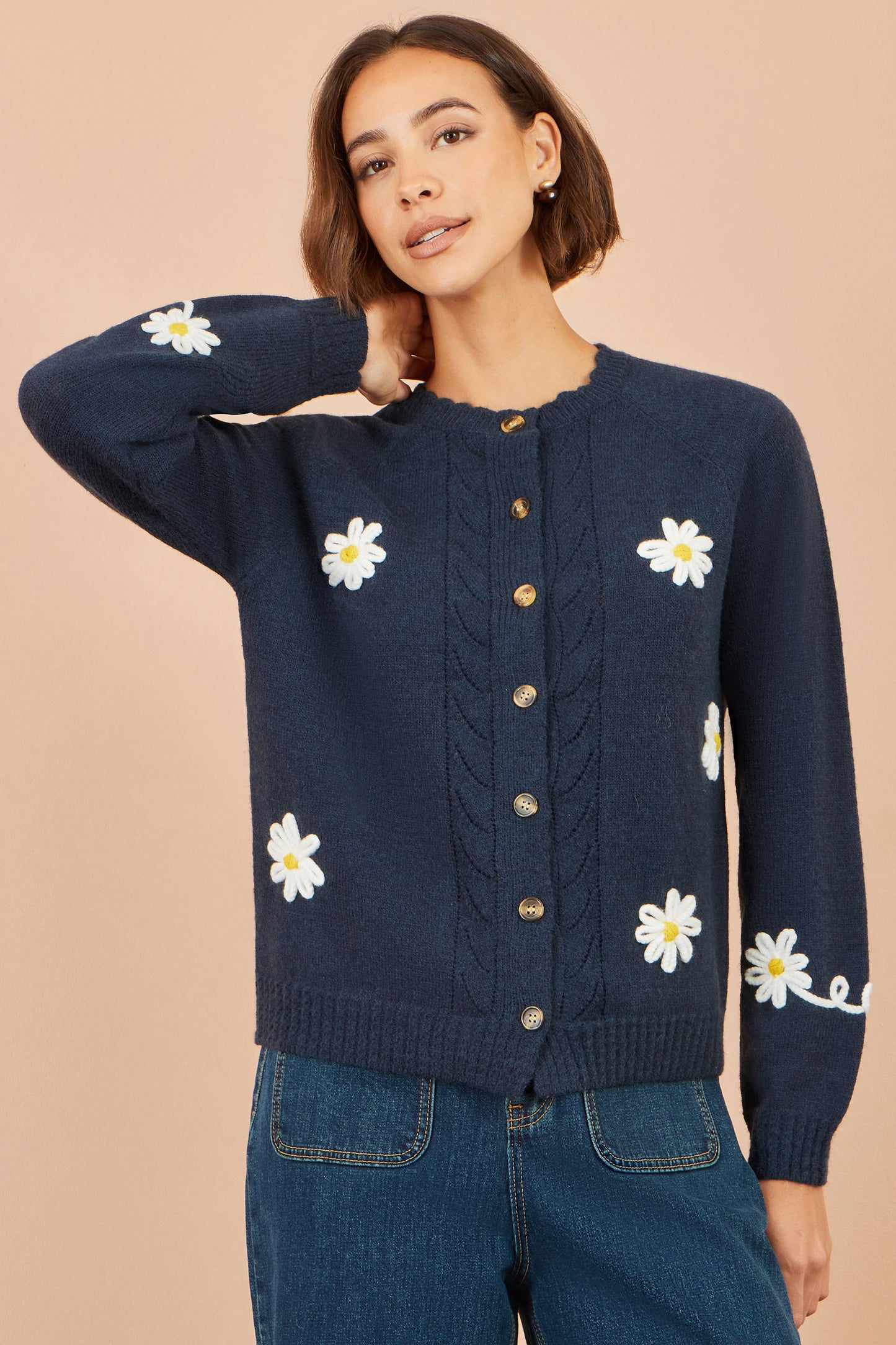 Yumi Navy Daisy Stitch Cardigan Knit Cardigan Yumi