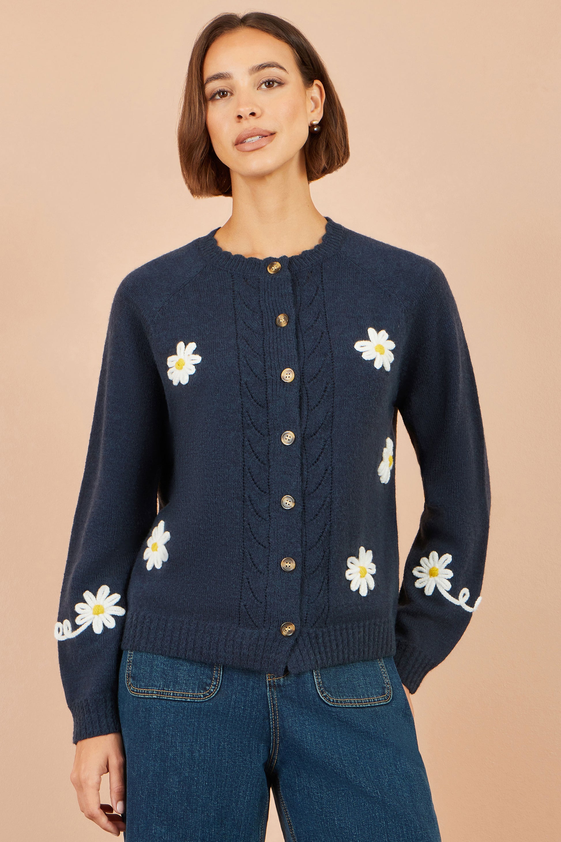 Yumi Navy Daisy Stitch Cardigan Knit Cardigan Yumi