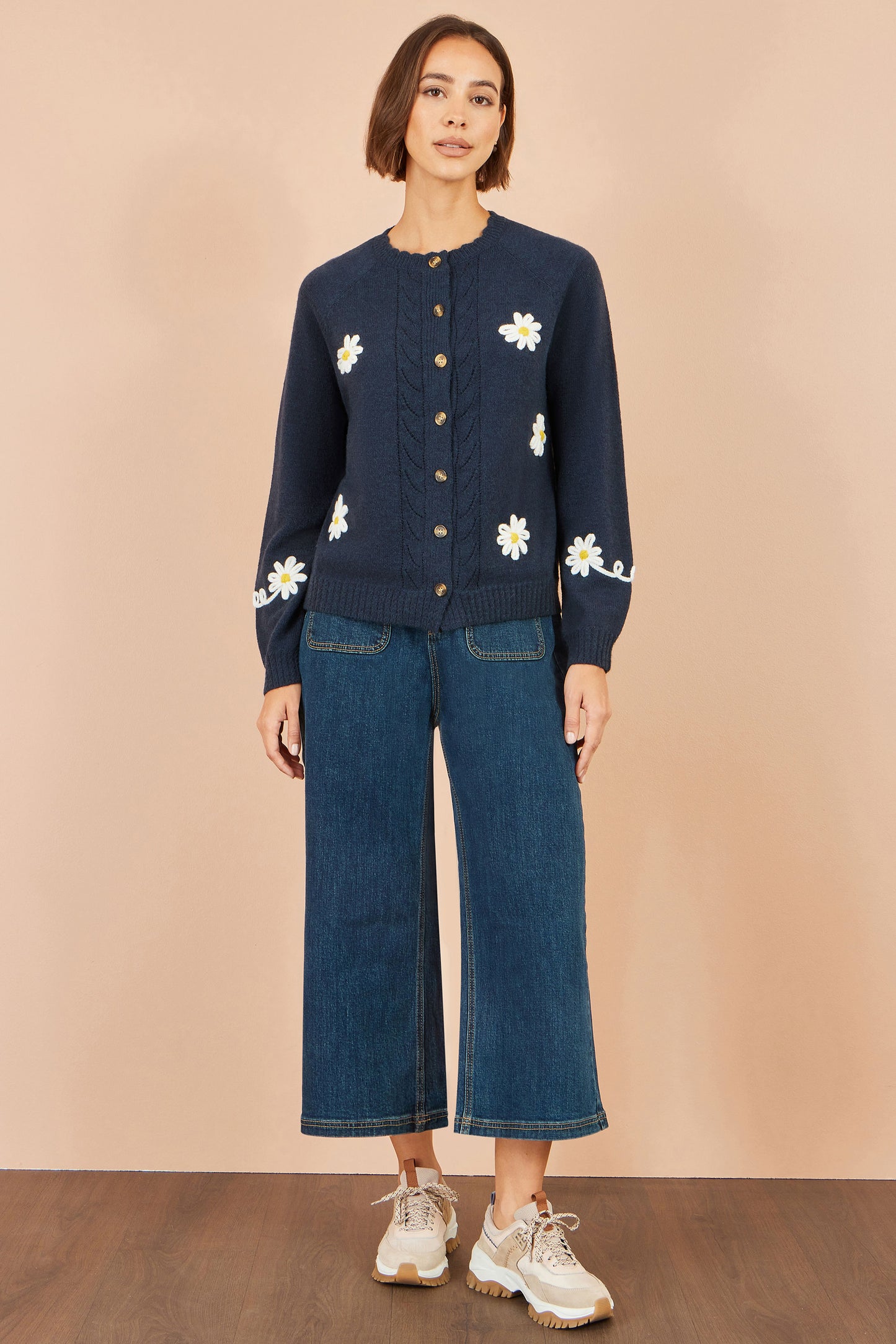 Yumi Navy Daisy Stitch Cardigan Knit Cardigan Yumi