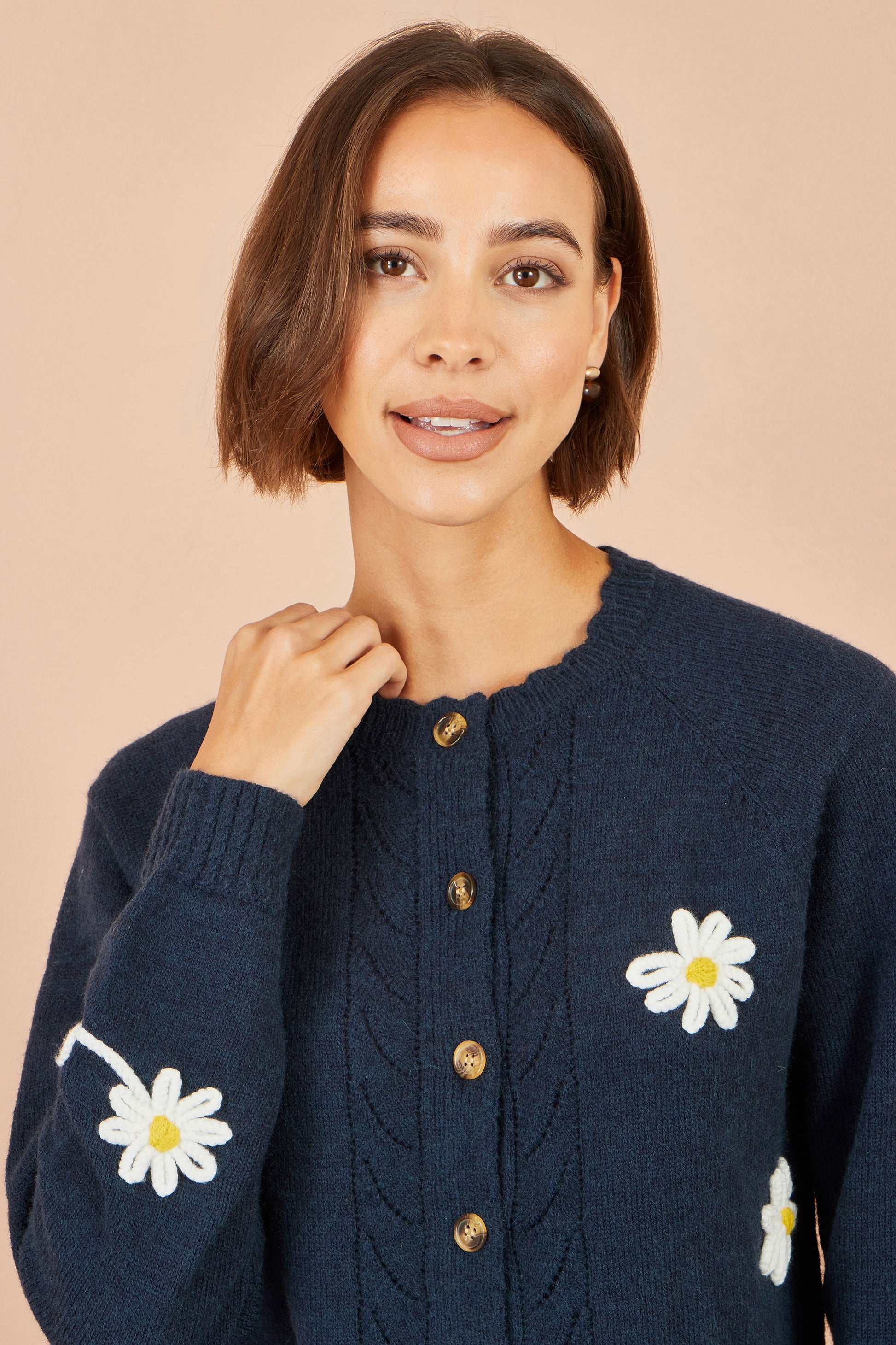 Yumi Navy Daisy Stitch Cardigan Knit Cardigan Yumi