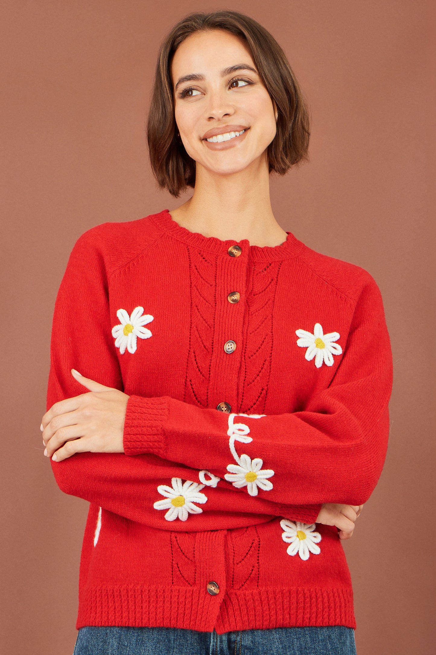 Yumi Red Daisy Stitch Cardigan Knit Cardigan Yumi