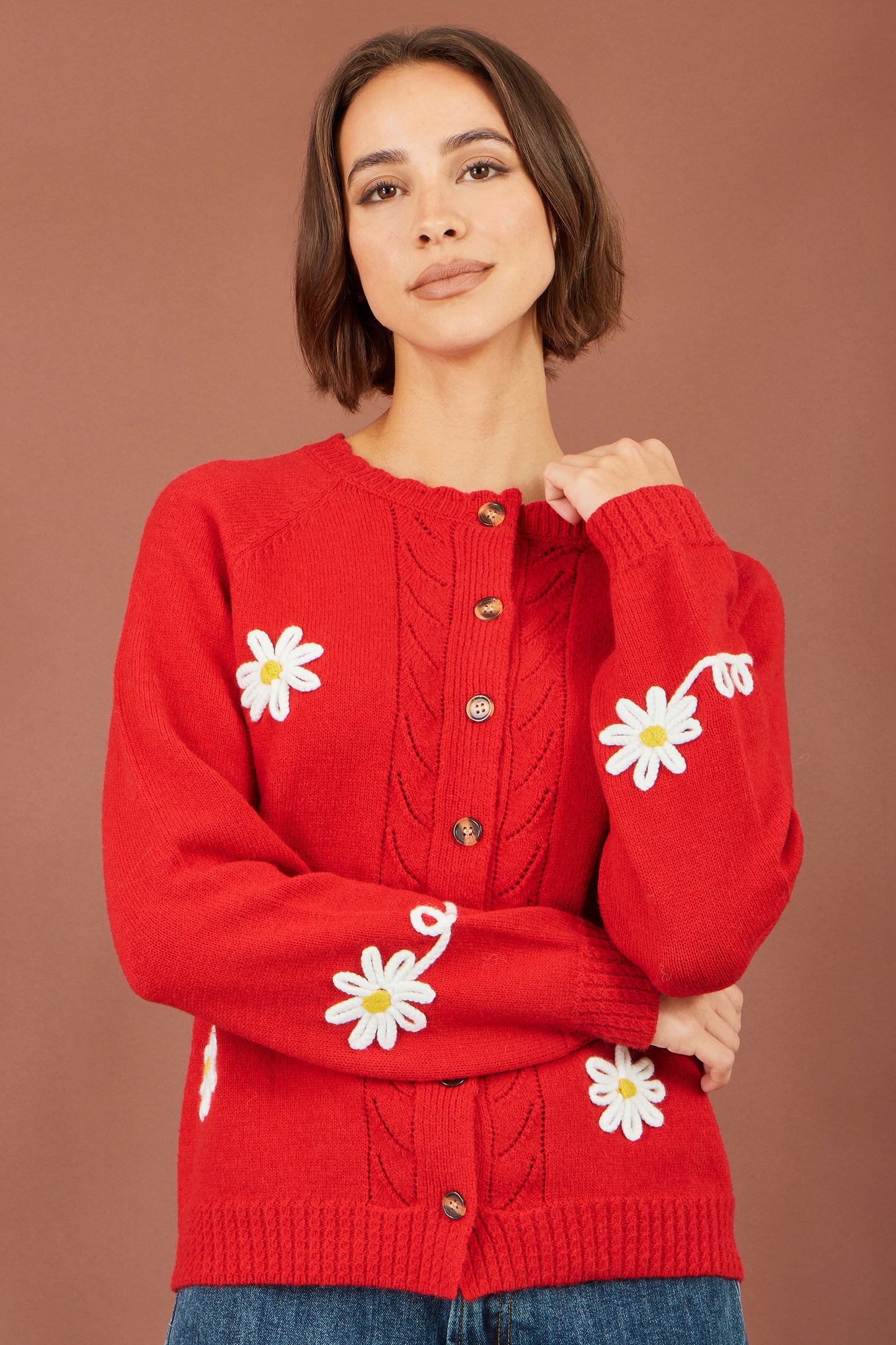 Yumi Red Daisy Stitch Cardigan Knit Cardigan Yumi