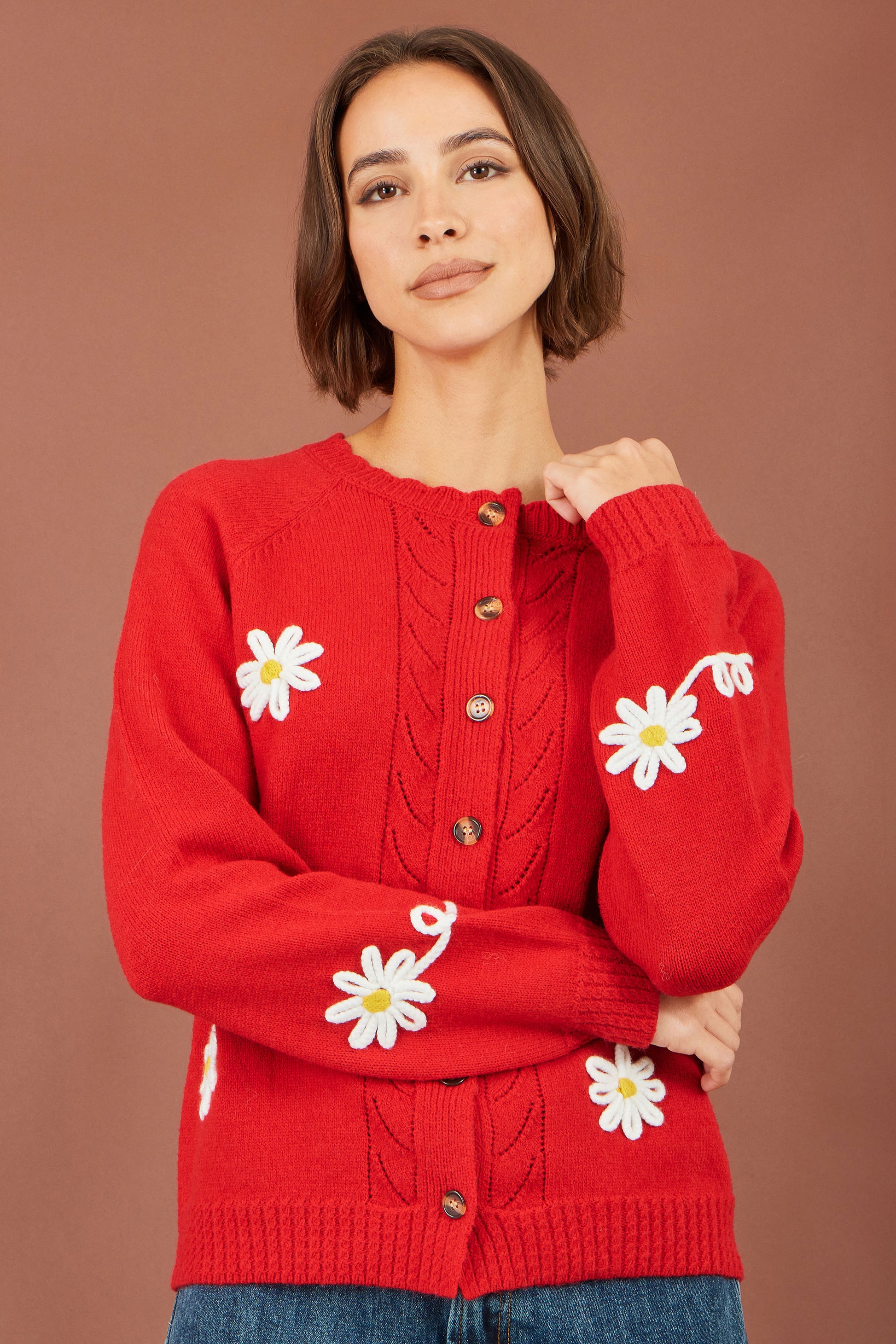 Yumi Red Daisy Stitch Cardigan Knit Cardigan Yumi