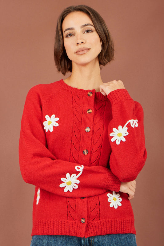 Yumi Red Daisy Stitch Cardigan Knit Cardigan Yumi
