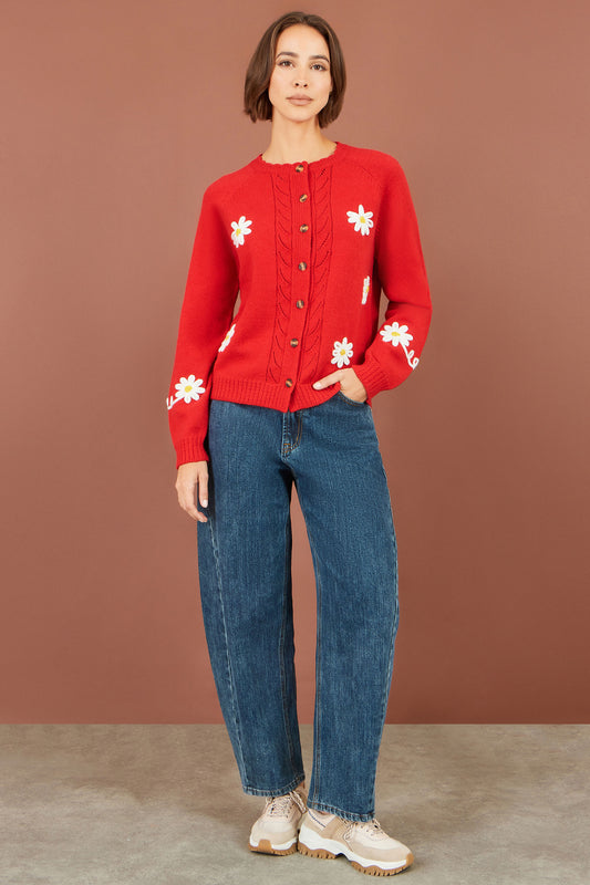 Yumi Red Daisy Stitch Cardigan Knit Cardigan Yumi