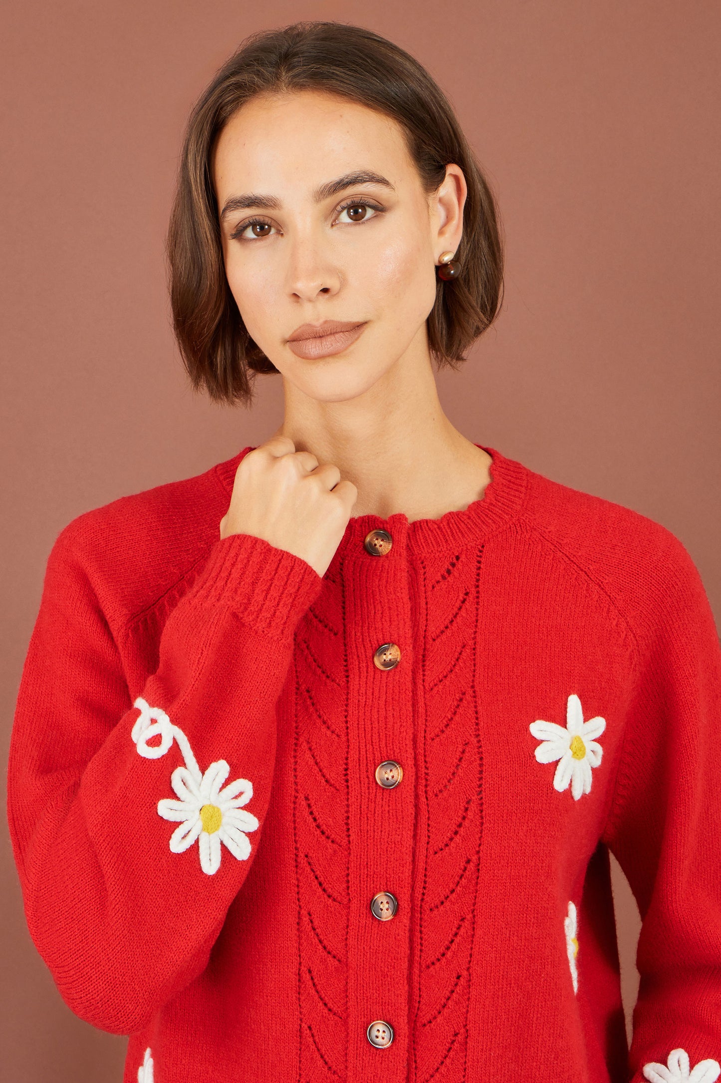 Yumi Red Daisy Stitch Cardigan Knit Cardigan Yumi