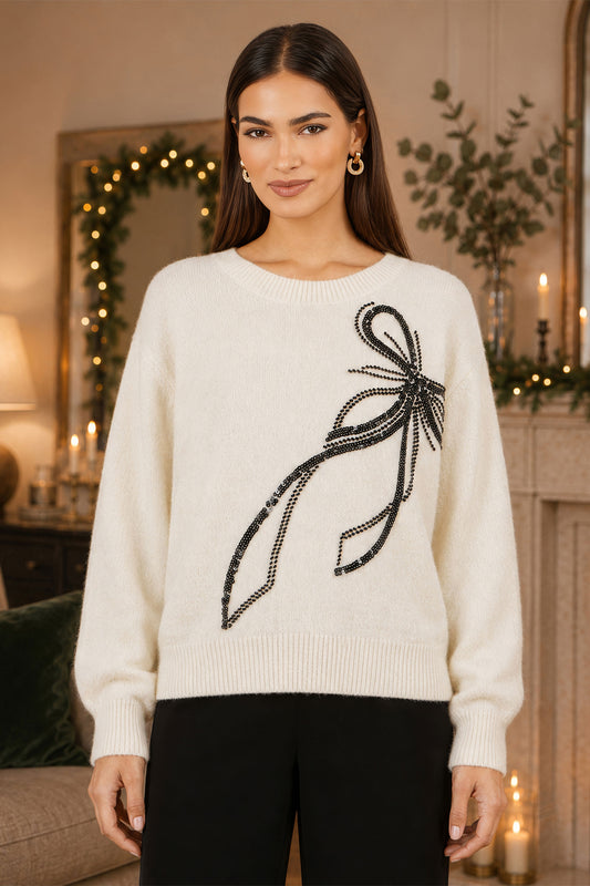 Yumi Ivory Sequin Bow Relaxed Jumper Knit Xmas Jumper Yumi
