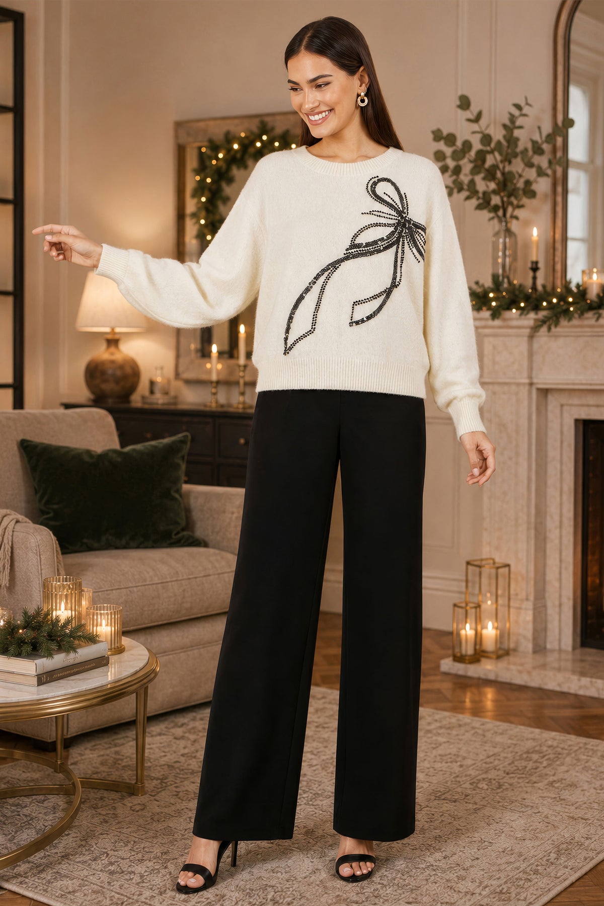 Yumi Ivory Sequin Bow Relaxed Jumper Knit Xmas Jumper Yumi
