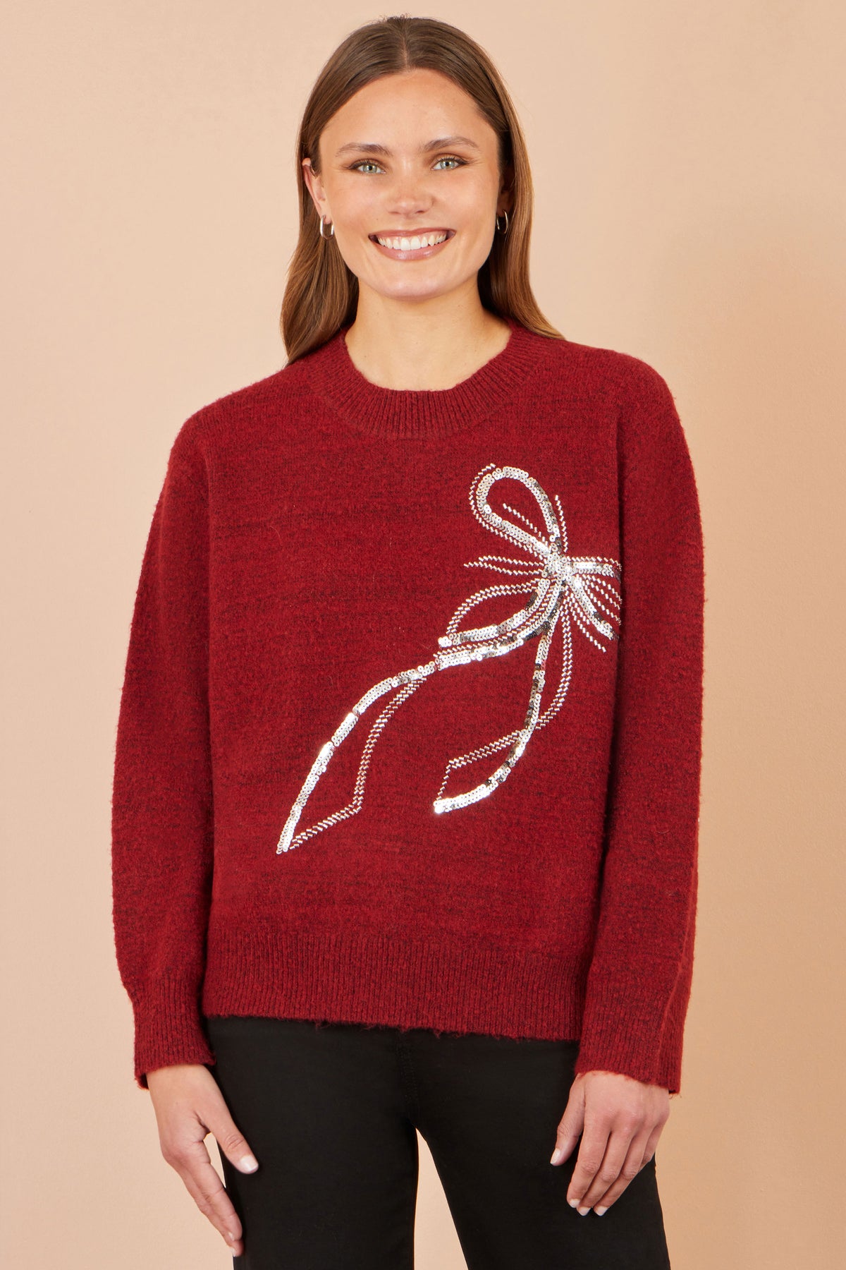 Yumi Burgundy Sequin Bow Relaxed Jumper Knit Xmas Jumper Yumi