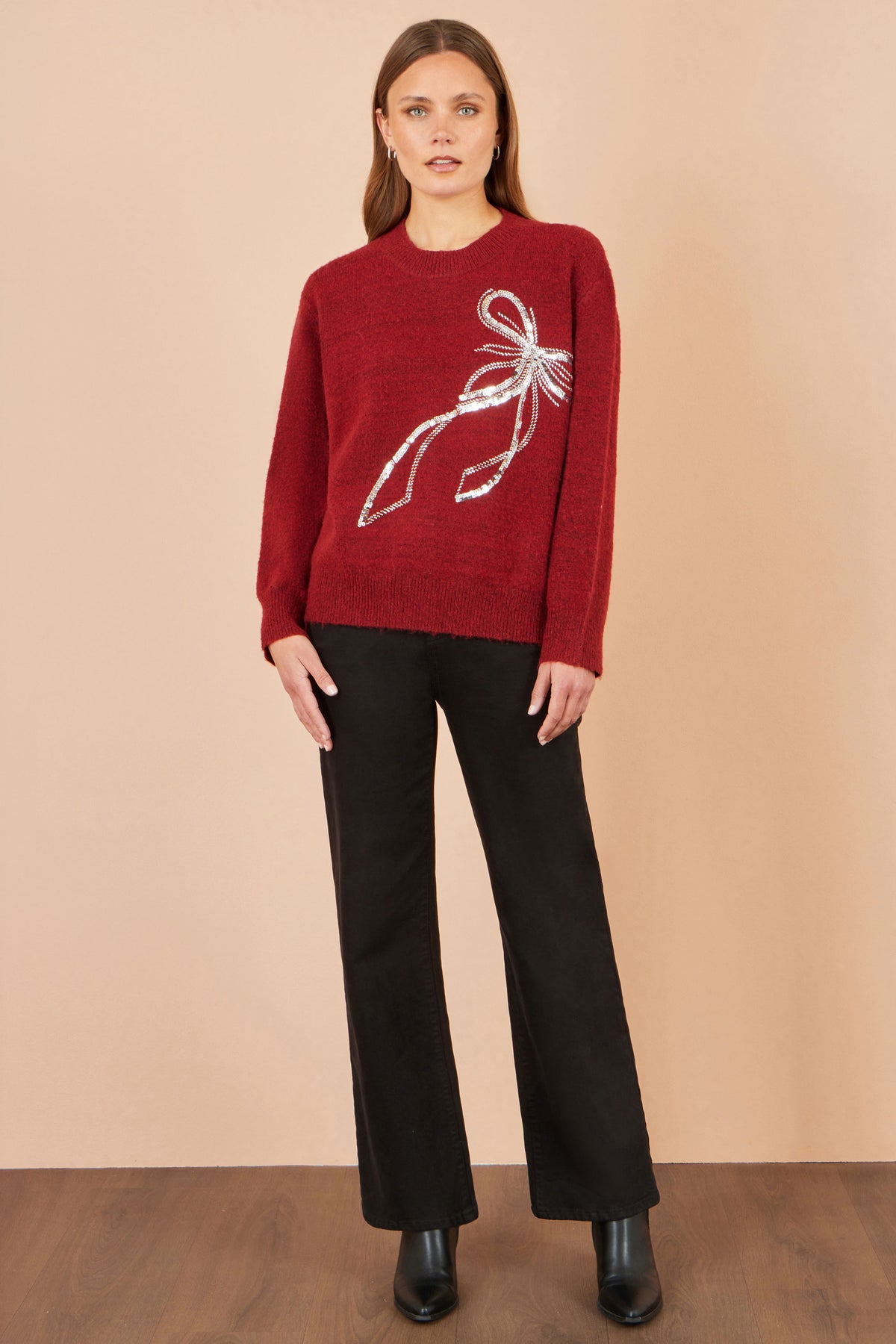Yumi Burgundy Sequin Bow Relaxed Jumper Knit Xmas Jumper Yumi