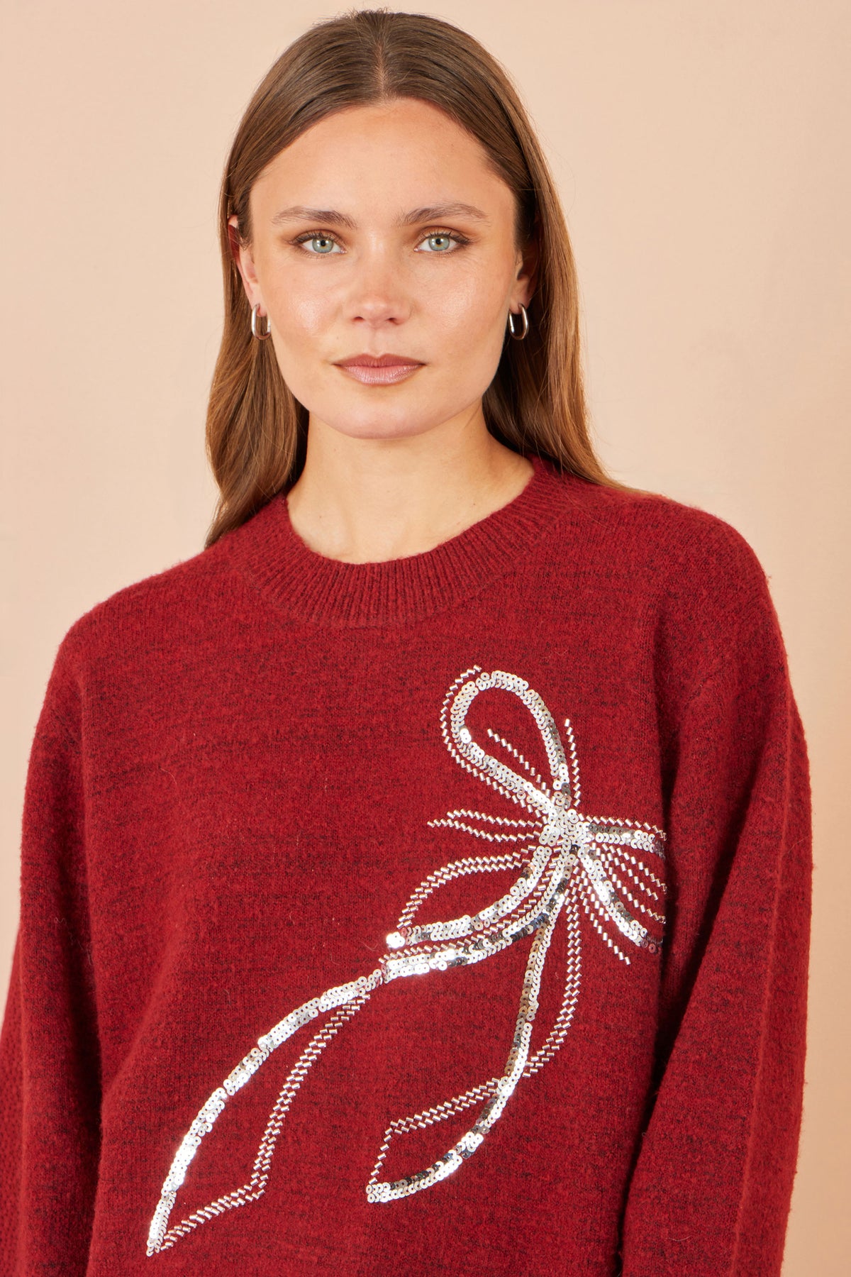 Yumi Burgundy Sequin Bow Relaxed Jumper Knit Xmas Jumper Yumi