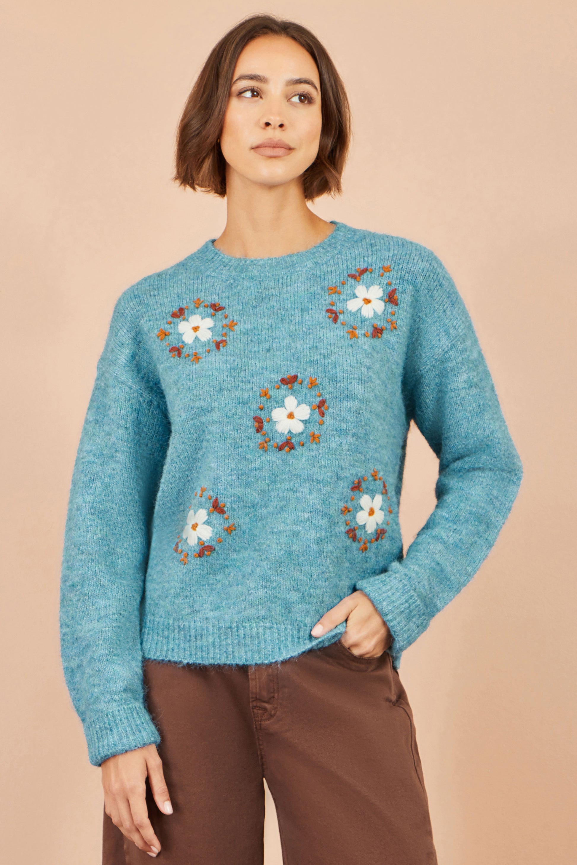 Yumi Blue Patch Floral Embroidered Relaxed Jumper Knit Jumper Yumi